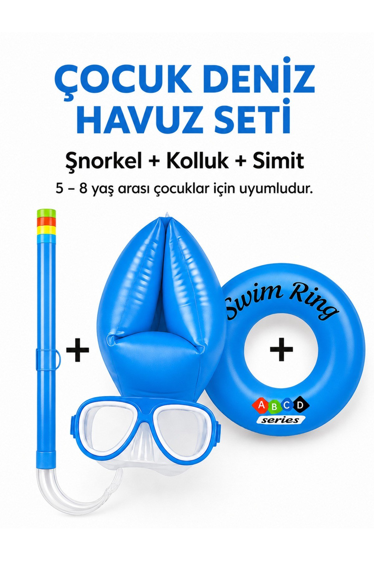Çocuk Deniz Havuz Yüzme Seti Şnorkel Dalış Maskesi + Çift Odalı Kolluk + Çocuk Simidi
