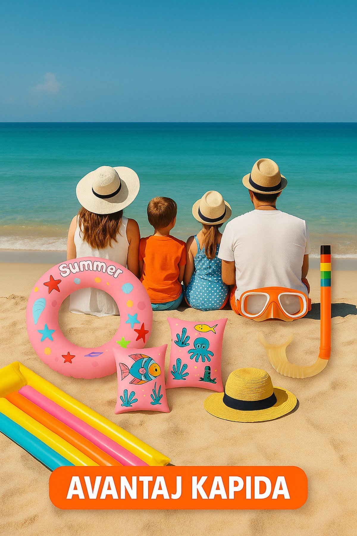 Çocuk Deniz Seti 3’lü Pembe Simit + Kolluk + Turuncu Şnorkel 3–7 Yaş 25kg | Avantaj Kapıda