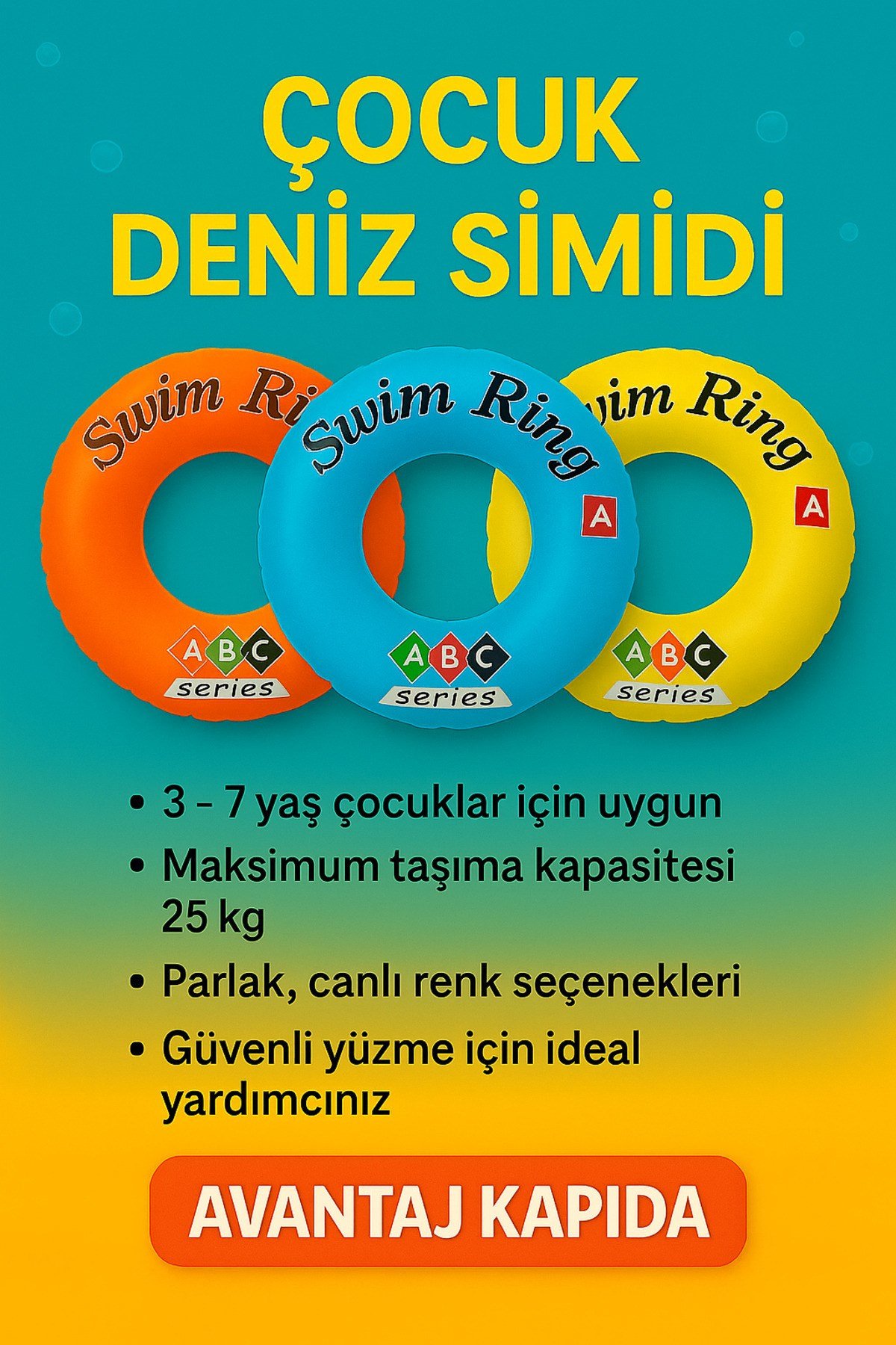 Çocuk Deniz Simidi ABCD Sarı Model – 3–7 Yaş / 25 kg’a Kadar