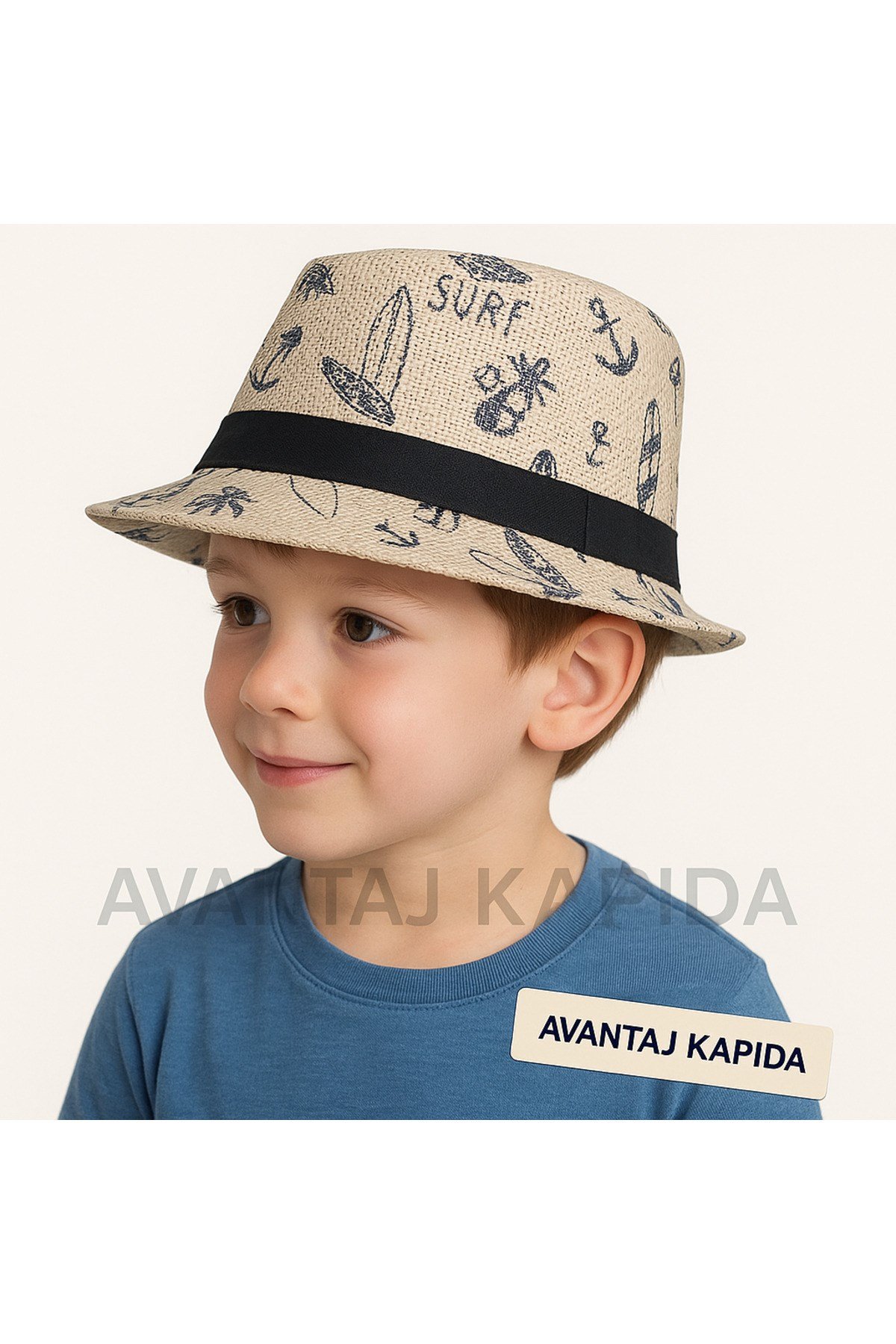 Çocuk Fötr Hasır Şapka Yazlık Desenli Erkek Kız Gölgelikli Fedora Plaj Şapkası Krem