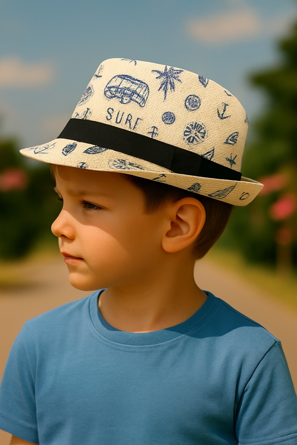 Çocuk Fötr Hasır Şapka Yazlık Desenli Erkek Kız Gölgelikli Fedora Plaj Şapkası Krem