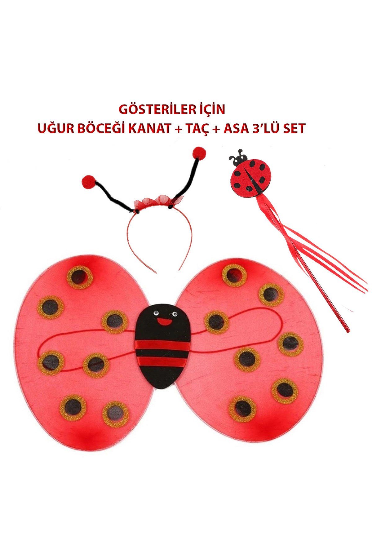 Çocuk Gösteri İçin Uğur Böceği Kanat + Taç + Asa 3'lü Kostüm Seti