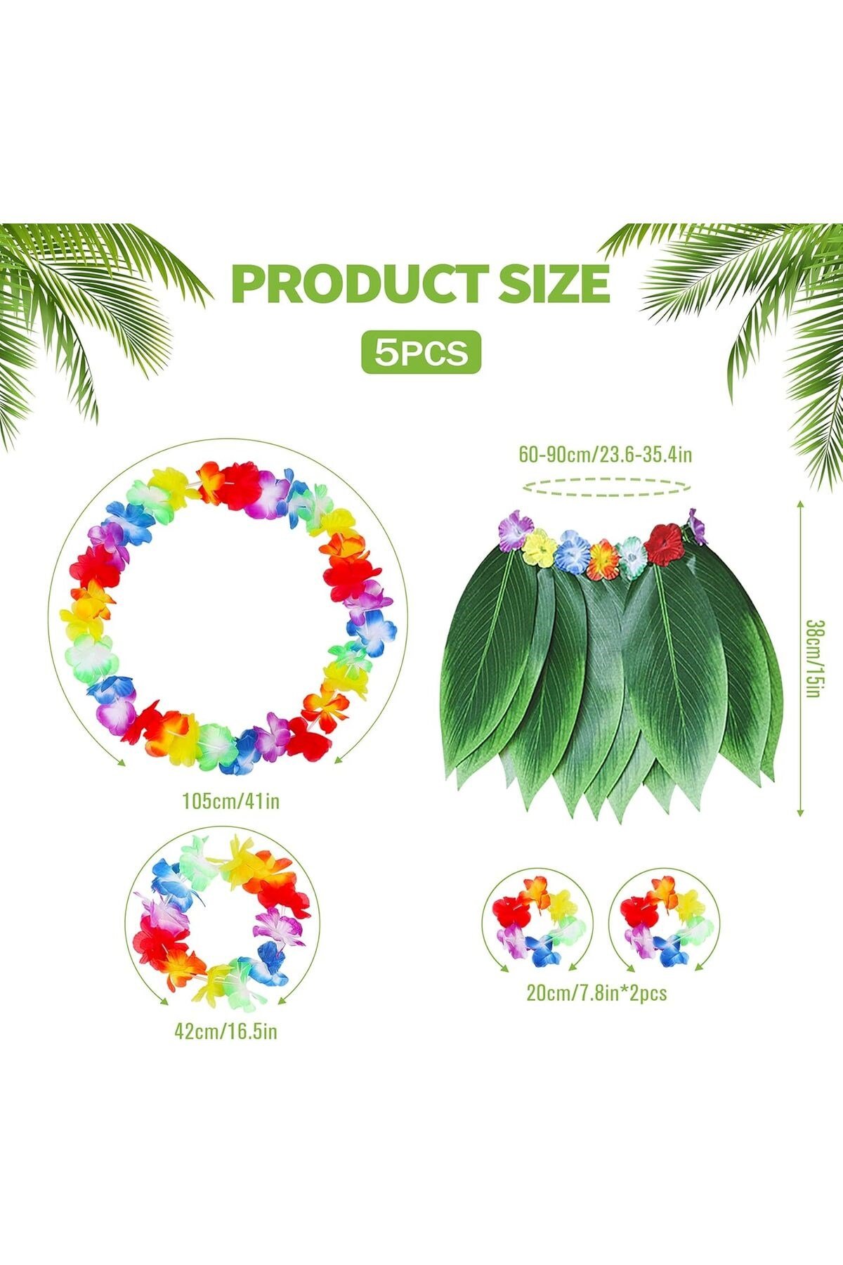 Çocuk Hawaii Kostüm Seti - Yaprak Etek & Hawaii Set - 5 Parça