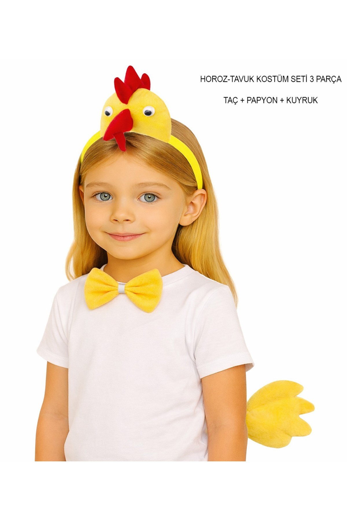 Çocuk Horoz Tavuk Kostüm Seti 3 Parça (Taç + Papyon + Kuyruk)