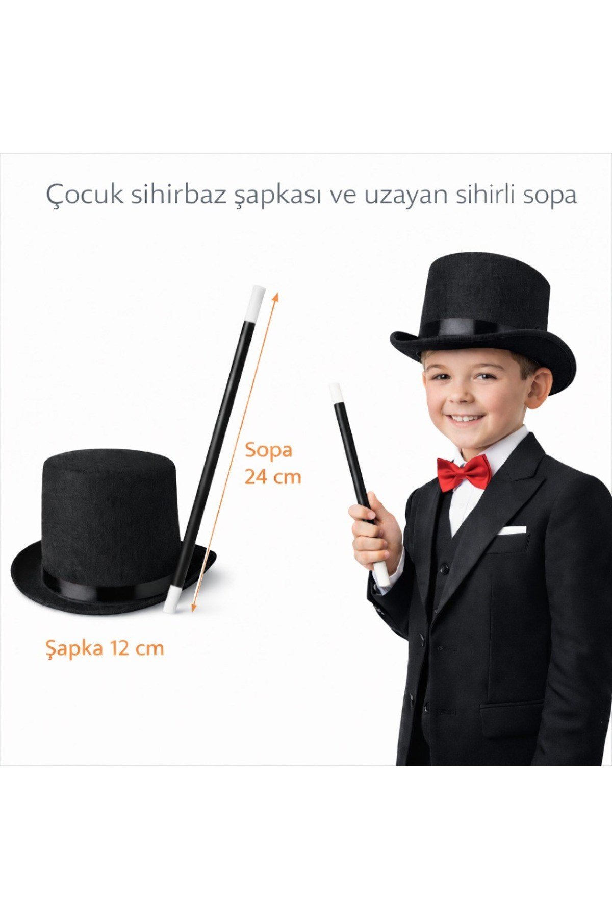 Çocuk Sihirbaz Şapkası ve Uzayan Yaylı Sihirli Sopa Seti