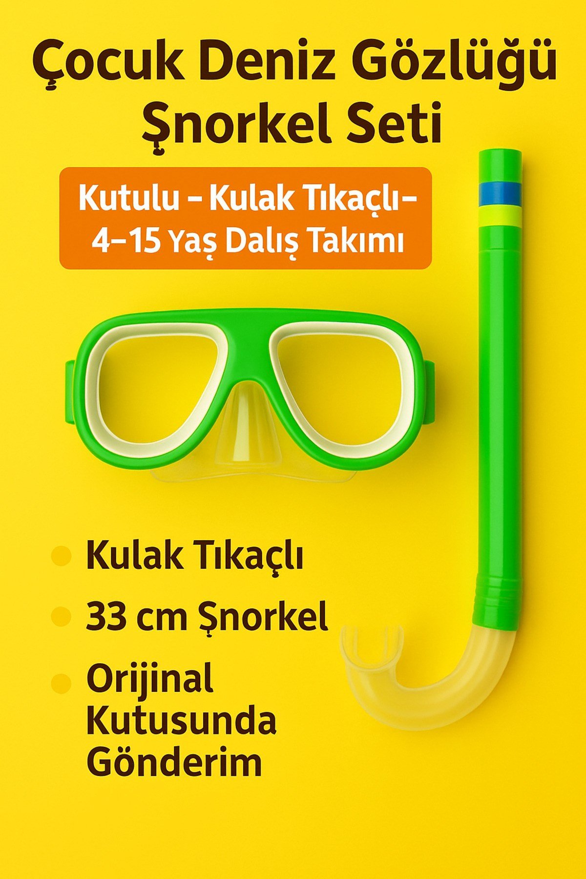Çocuk Şnorkel Maske Seti– Kulak Tıkaçlı Kutulu – Dalış Gözlüğü – Havuz & Deniz