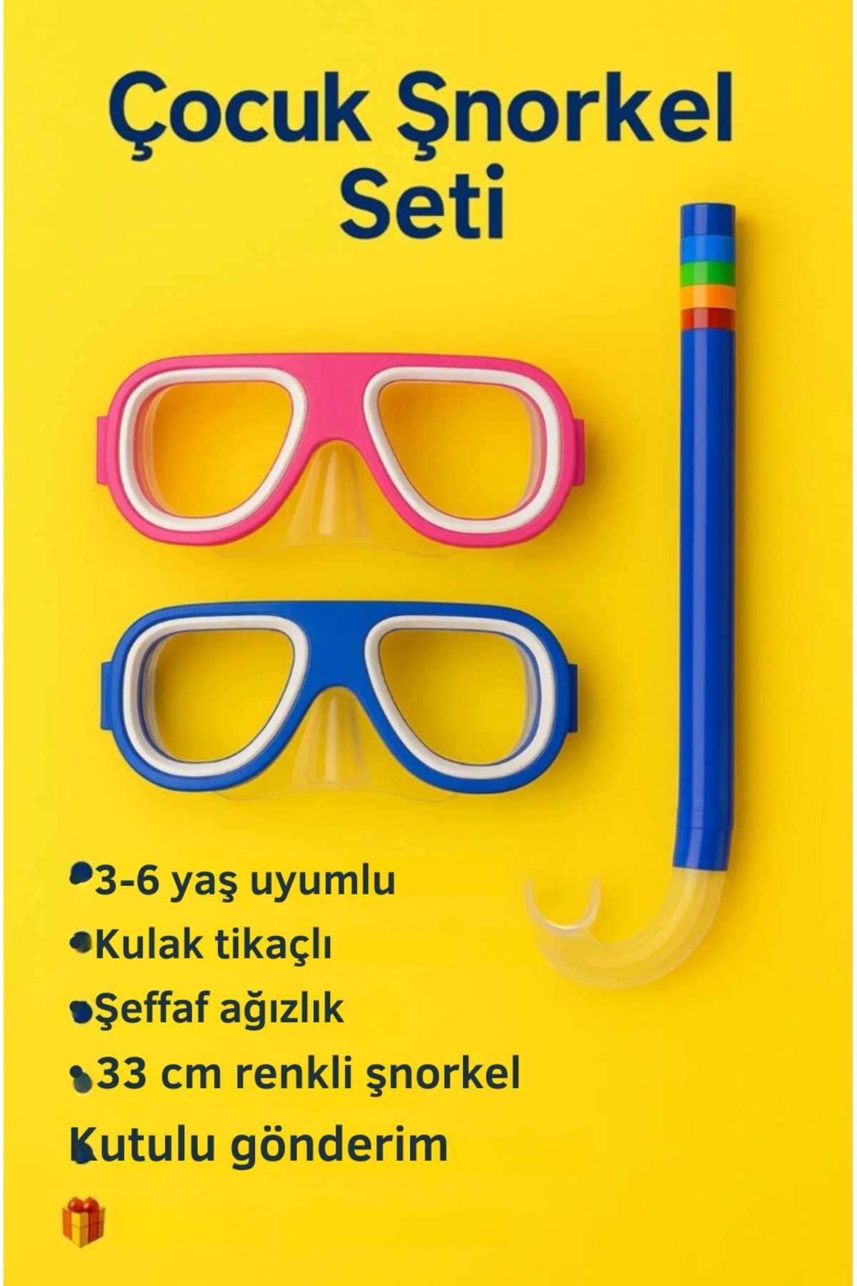 Çocuk Şnorkel Maske Seti– Kulak Tıkaçlı Kutulu – Dalış Gözlüğü – Havuz & Deniz