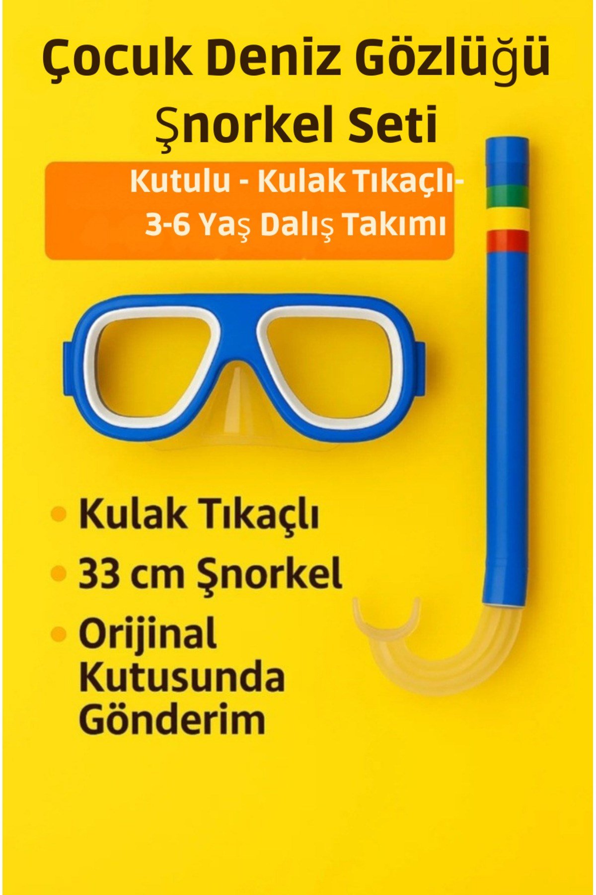 Çocuk Şnorkel Maske Seti– Kulak Tıkaçlı Kutulu – Dalış Gözlüğü – Havuz & Deniz