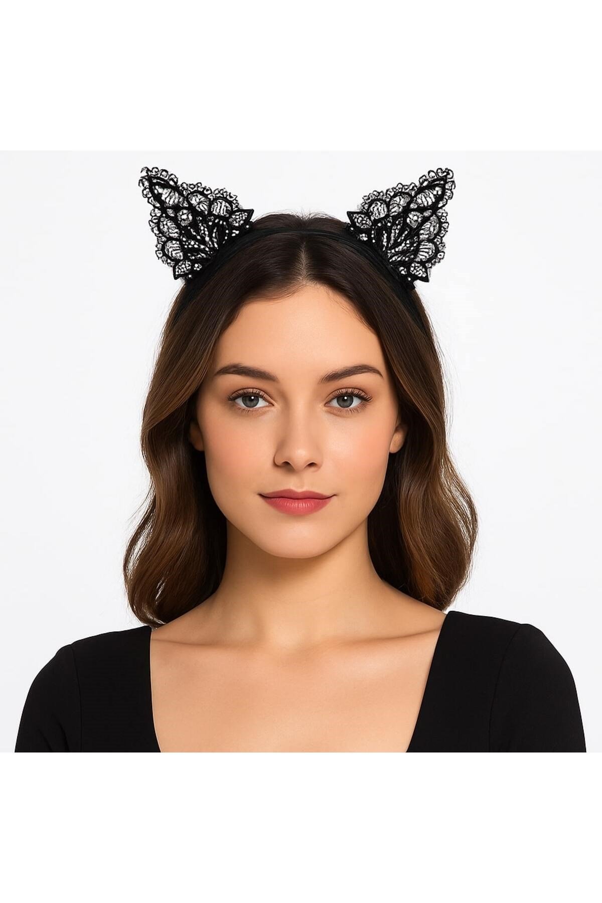 Dantelli Siyah Kedi Tacı - Vintage Tarz Dantel Kedi Kulak