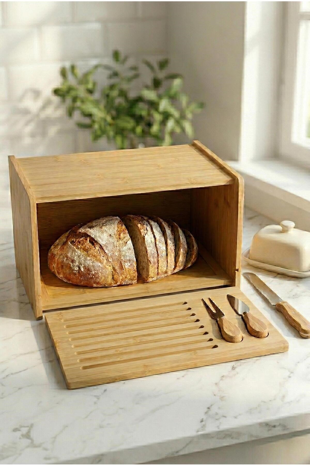 Doğal Bambu Kapaklı Ekmek Kutusu & Doğal Bambu Ekmek Dolabı (23x38x20 cm)