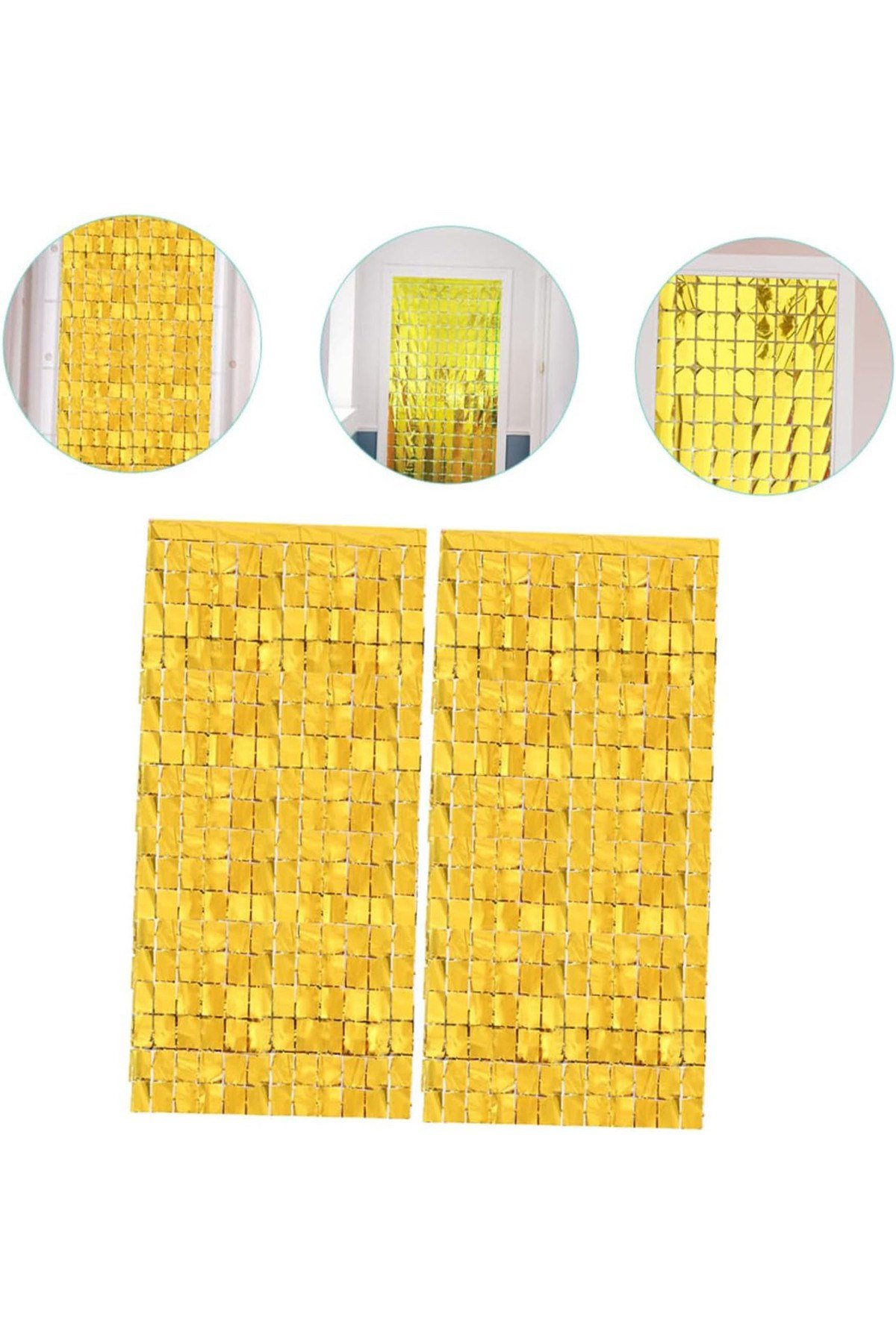 Ekstra Metalize Altın Renk Disko Dikdörtgen Kesim Kapı Perdesi Dekorasyon 1x2 Metre