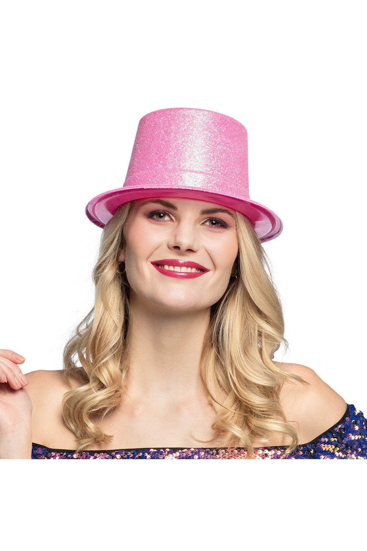Floresan Pembe Renk Simli Uzun Fötr Melon Şapka 12 cm