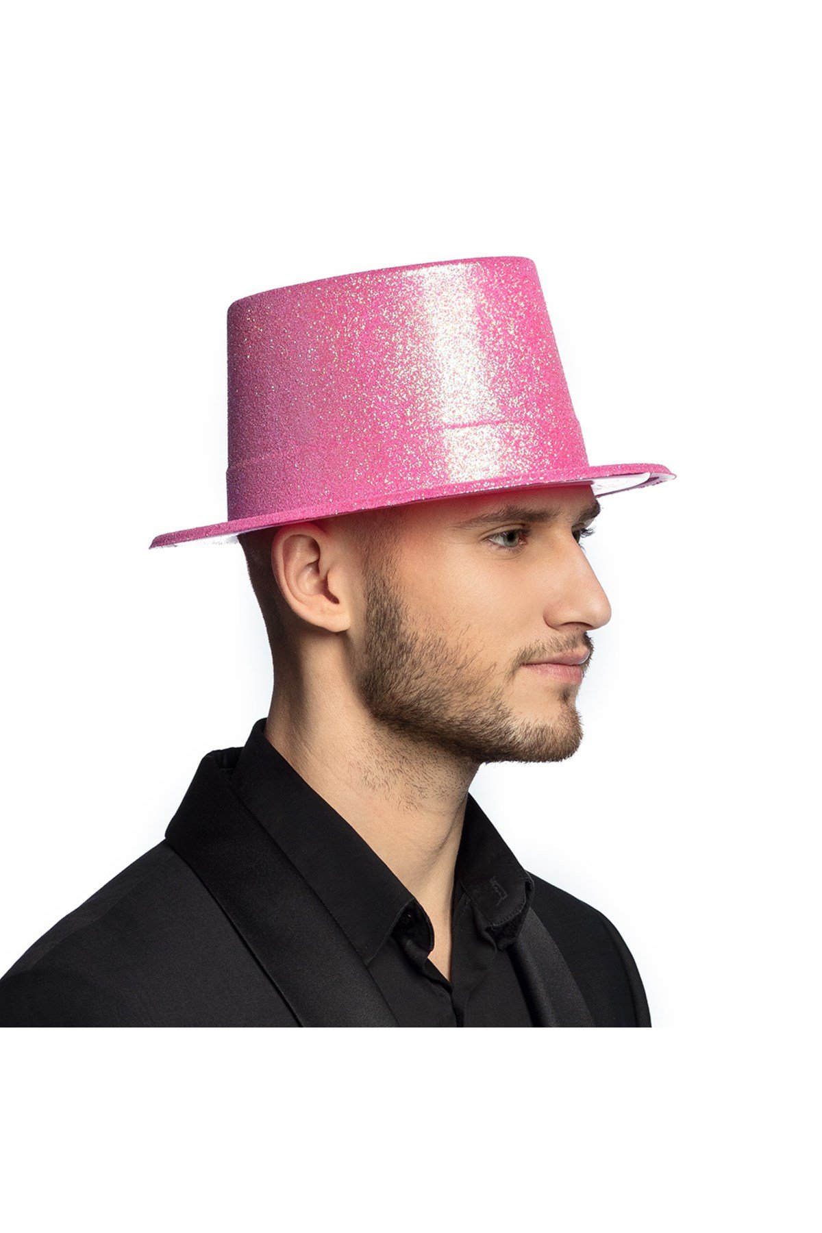 Floresan Pembe Renk Simli Uzun Fötr Melon Şapka 12 cm