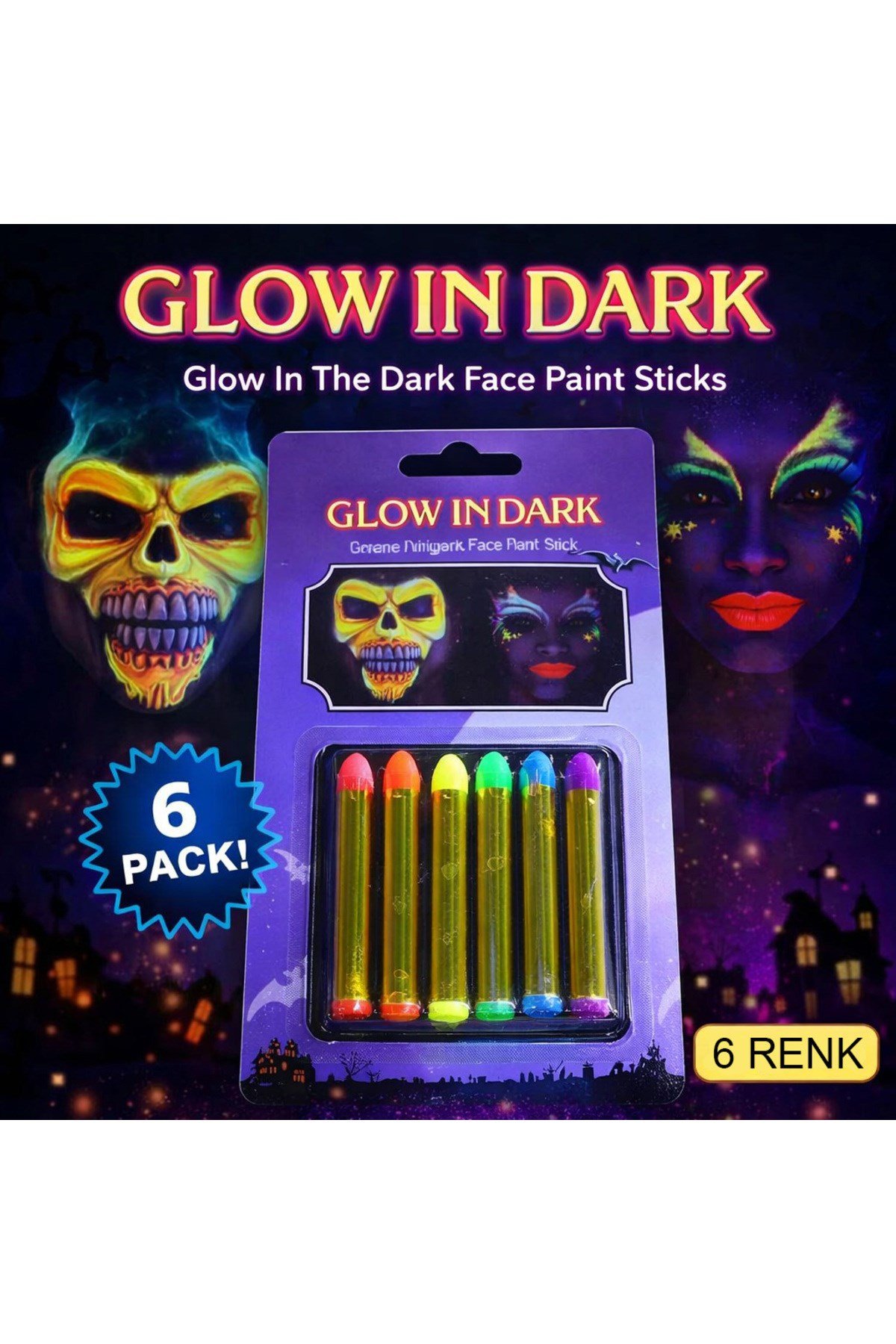 Fosforlu Glow Parti Boyası 6’lı – Karanlıkta Parlayan Yüz Boyası