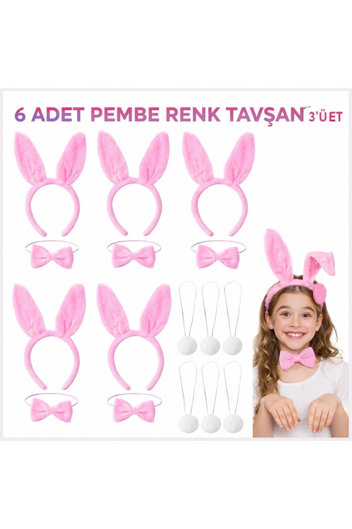 Full Pembe Renk Tavşan Sahne Seti 6'lı Set Taç Papyon Kuyruk