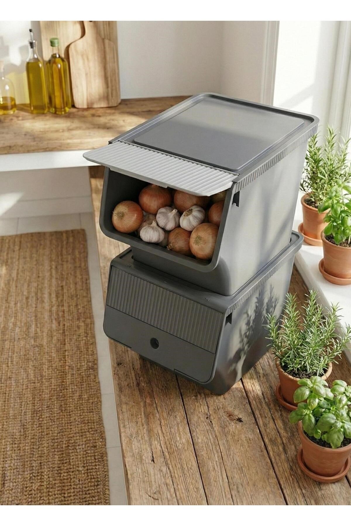 Füme 2'Li 33 LT Modubox Kayar Kapaklı Saklama Kabı & Patates Soğan Kovası & Erzak Kutusu