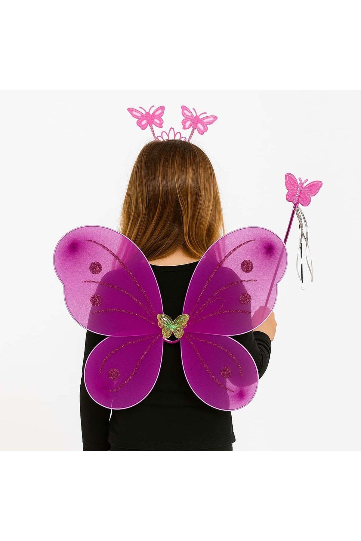 Fuşya Kelebek Kız Seti – 50 cm Kelebek Kanadı, Taç ve Asa