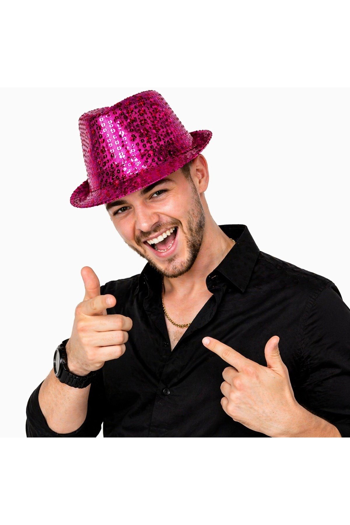 Fuşya Pembe Payetli Disco Parti Şapkası Yetişkin Işıltılı Fötr Model