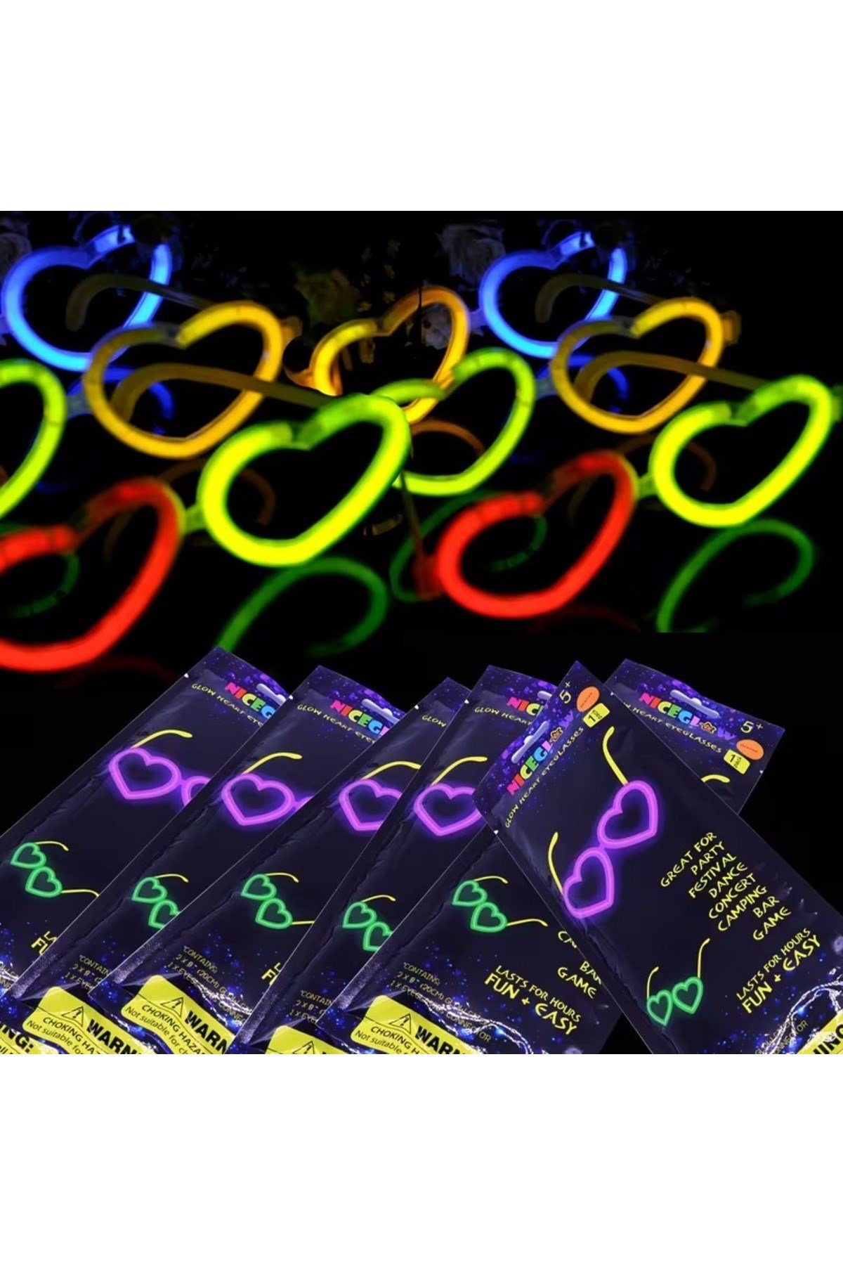 Glow Kalpli Fosforlu Gözlük 6’lı Renkli Set – Neon Parti
