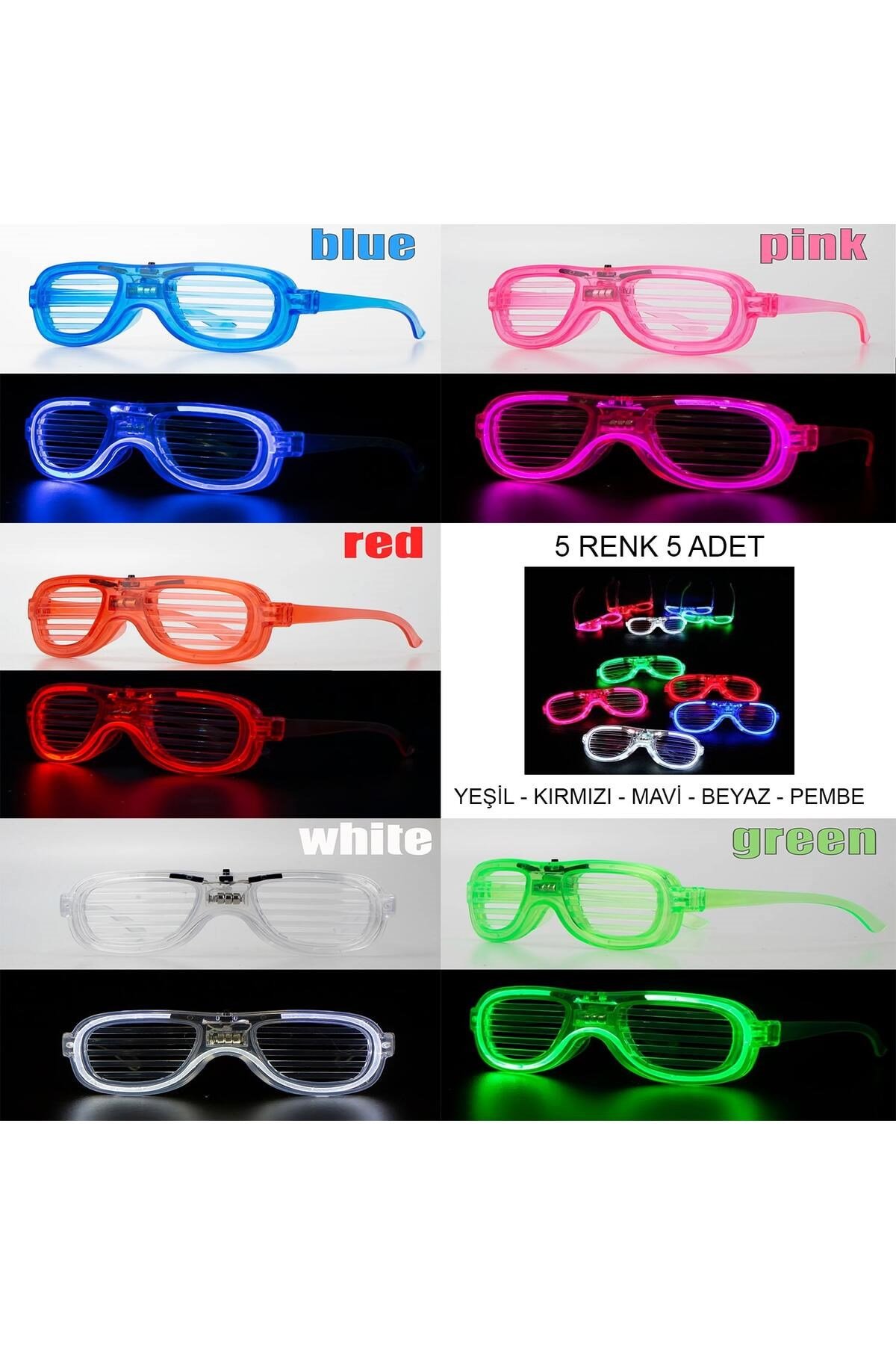 Glow Model Led Işıklı Parti Gözlüğü 3 Modlu 5 Renk 5 Adet