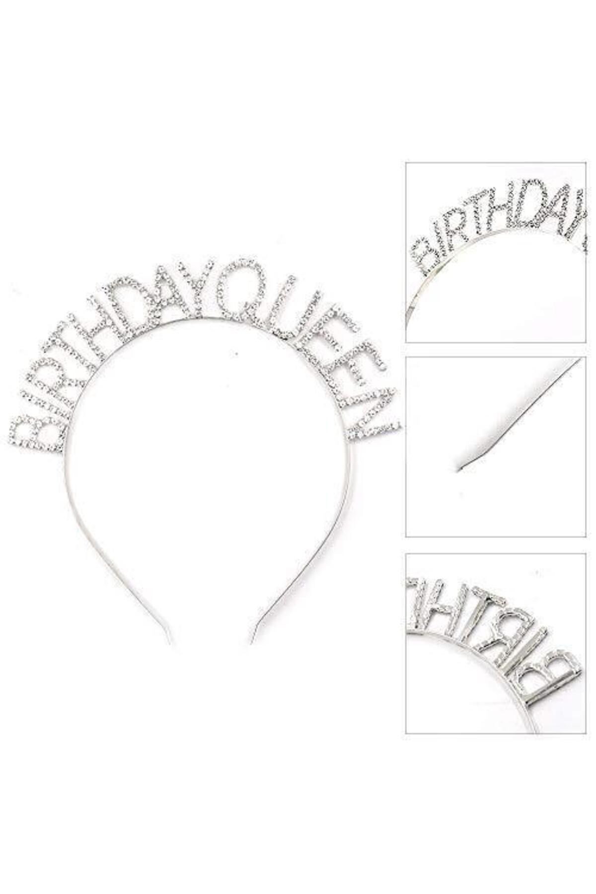 Gümüş Renk Kristal Taşlı Parlak Birthday Queen Yazılı Kraliçe Taç 16x17 cm
