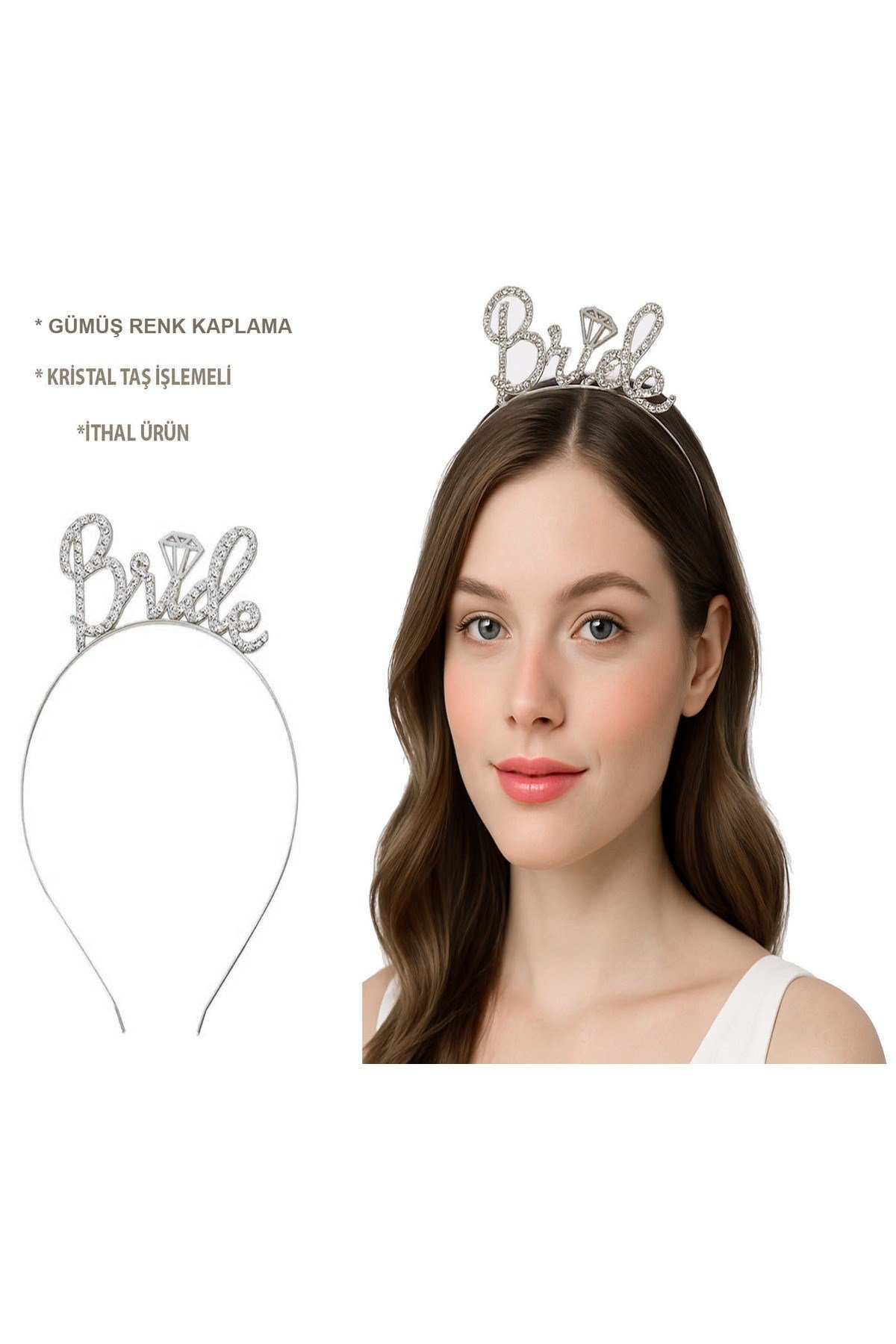 Gümüş Renkli Taşlı “Bride” Gelin Tacı – El Yazısı Yazı Tipiyle
