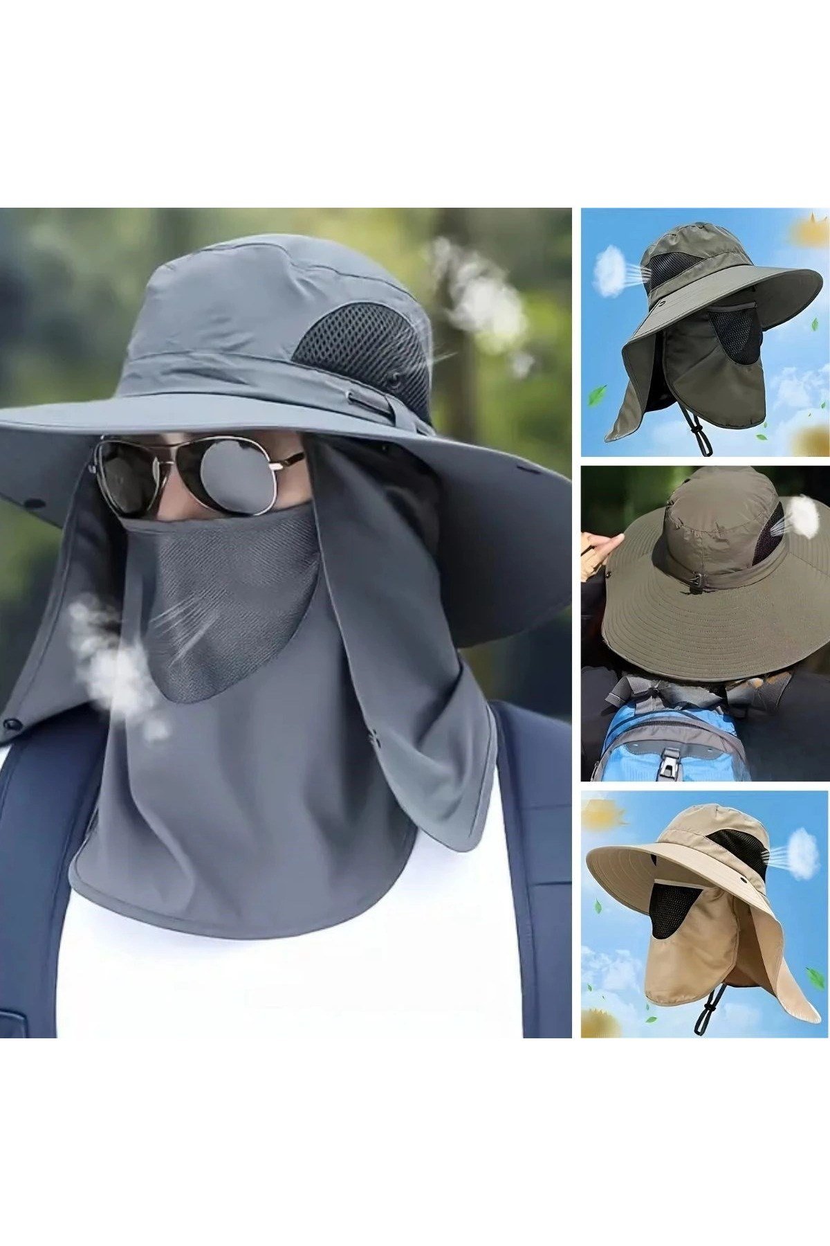 Güneş Koruyuculu Nefes Alabilen Maskeli ve Boyun Kapaklı Geniş Kenarlı Balıkçı Şapkası (50