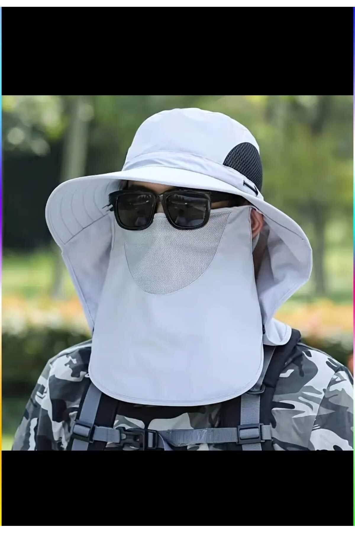 Güneş Koruyuculu Nefes Alabilen Maskeli Ve Boyun Kapaklı Geniş Kenarlı Balıkçı Şapkası Gri