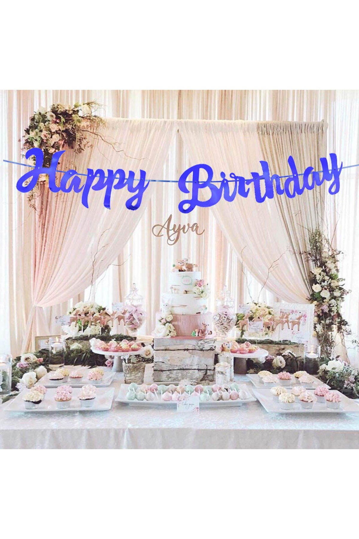 Happy Birthday Parlak Banner Flama Mavi Renk