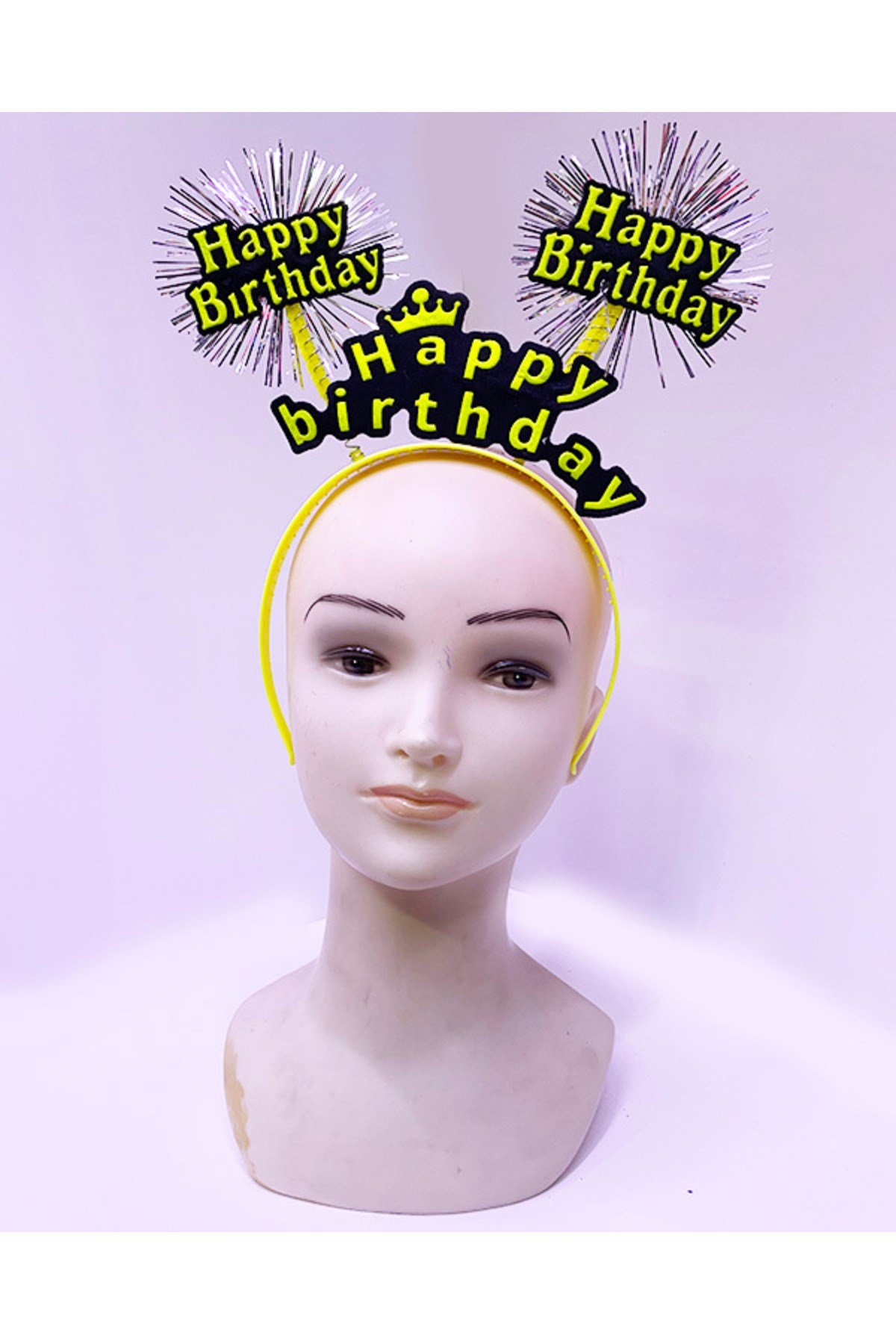 Happy Birthday Püsküllü Neon Sarı Renk Doğum Günü Tacı 22x19 cm