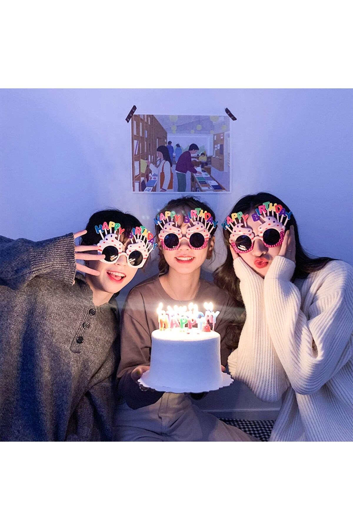 Happy Birthday Yazılı Pembe Fuşya Renk Parti Gözlüğü 12x7 cm