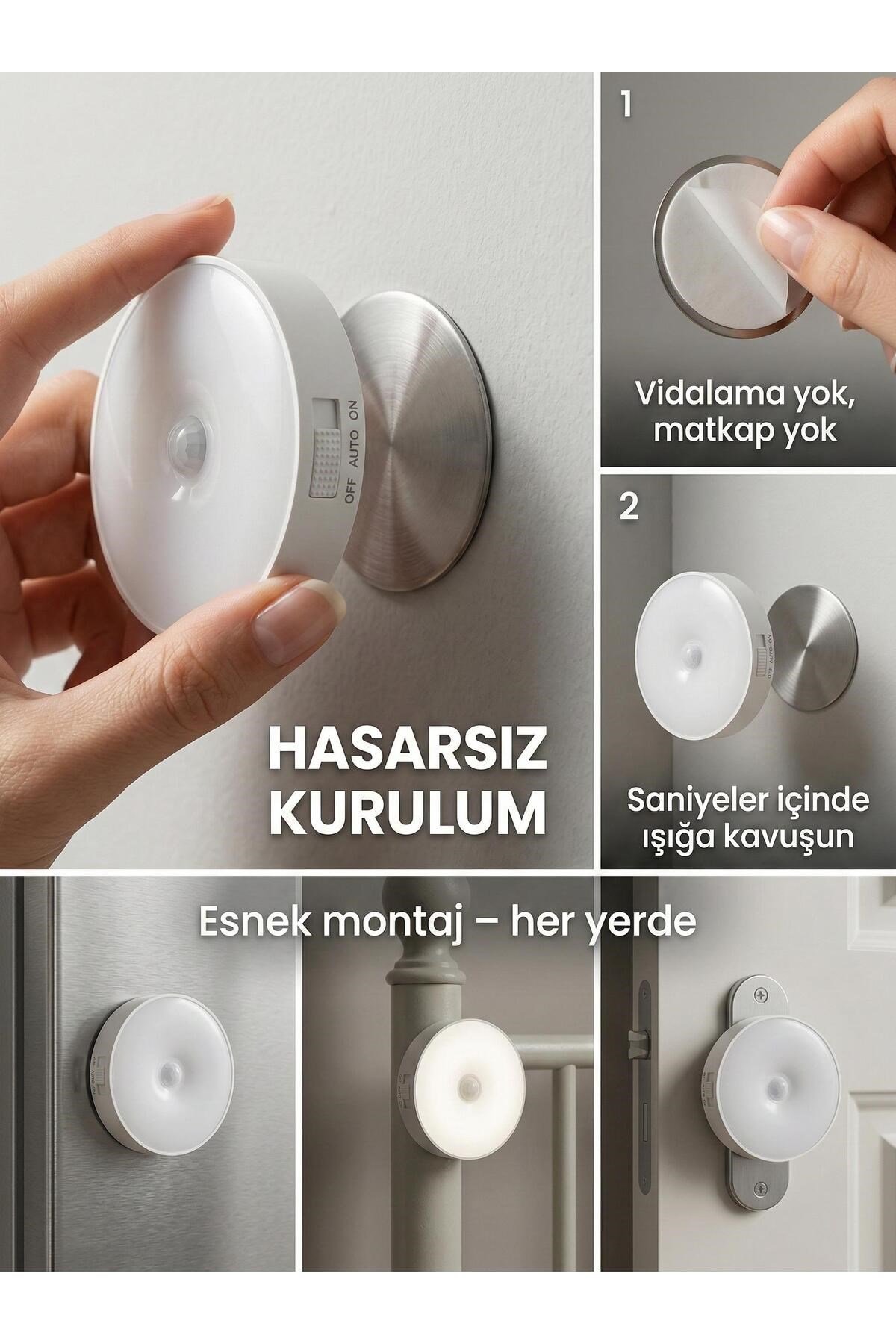 Hareket Sensörlü Yuvarlak LED Aydınlatma & USB Şarjlı Pratik Gece Lambası (8 cm)