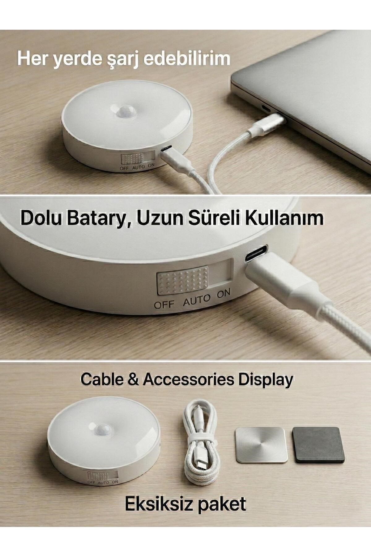 Hareket Sensörlü Yuvarlak LED Aydınlatma & USB Şarjlı Pratik Gece Lambası (8 cm)