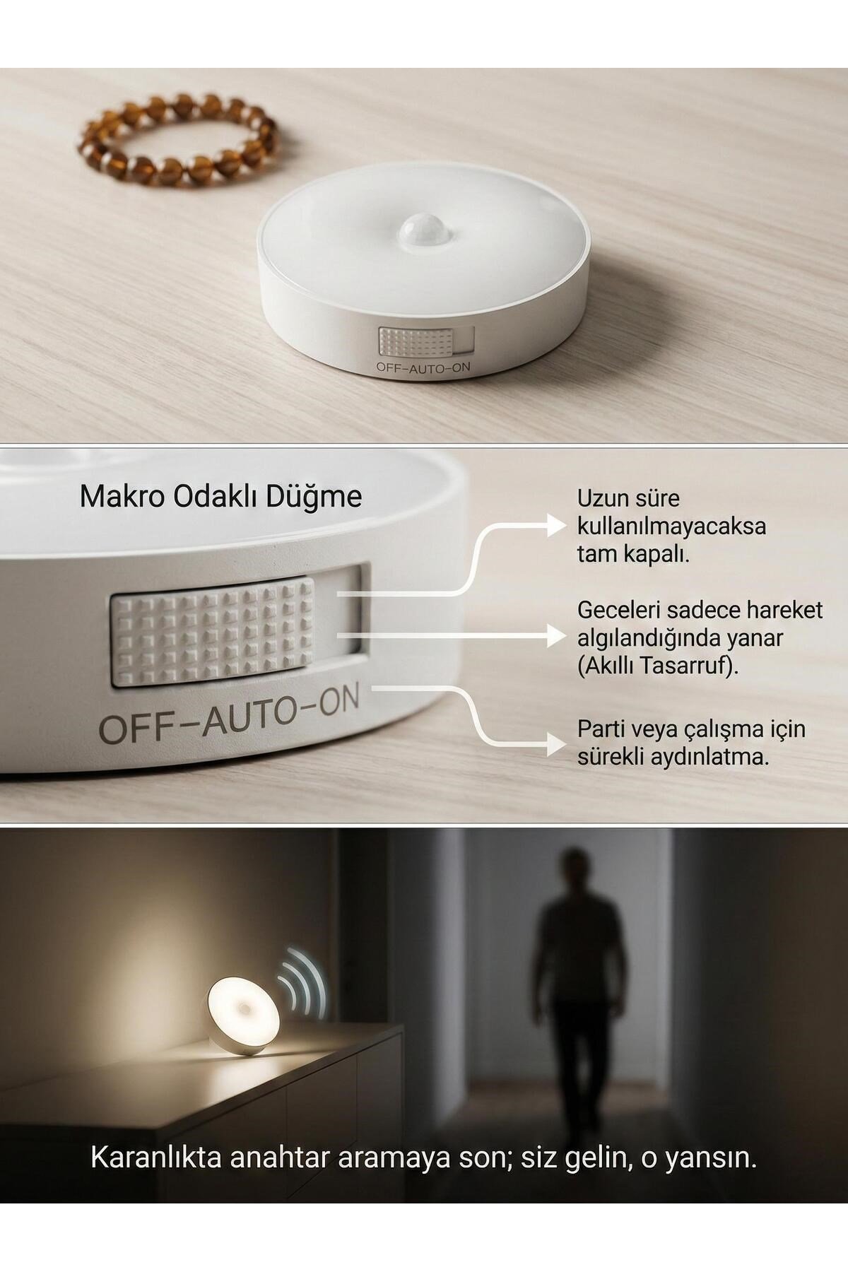 Hareket Sensörlü Yuvarlak LED Aydınlatma & USB Şarjlı Pratik Gece Lambası (8 cm)