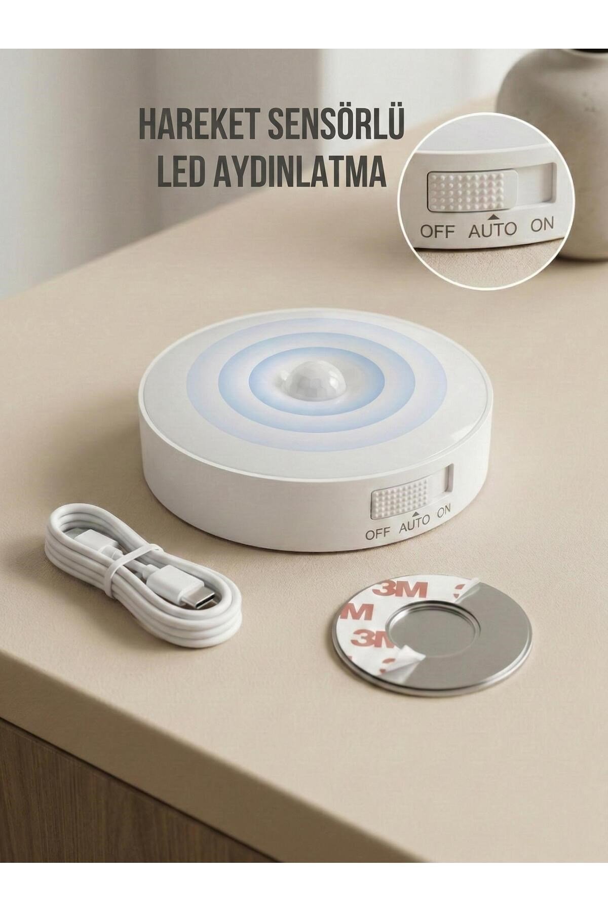 Hareket Sensörlü Yuvarlak LED Aydınlatma & USB Şarjlı Pratik Gece Lambası (8 cm)