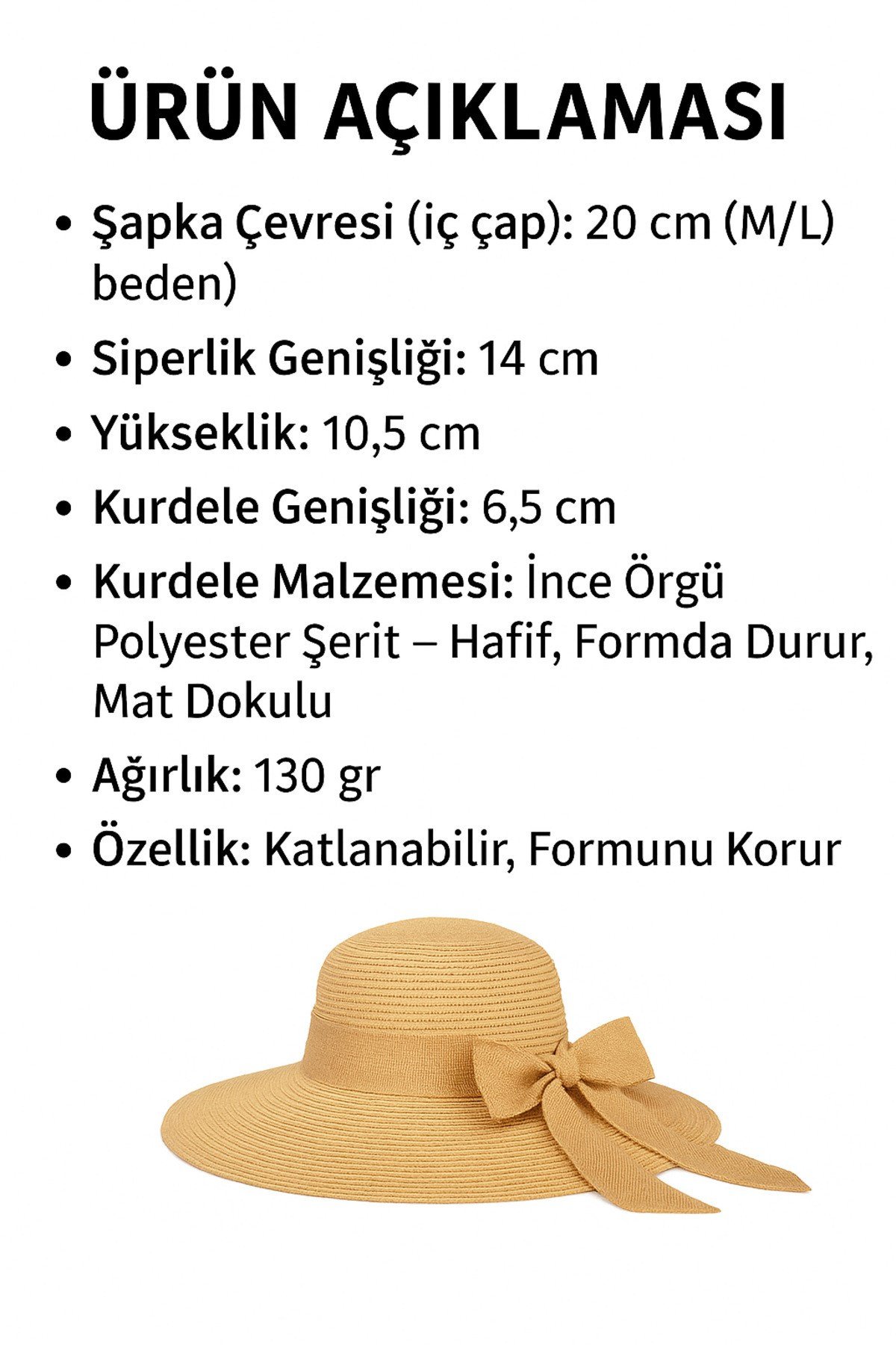 Hati Kadın Yazlık Geniş Siperlikli Şapka – Fiyonklu, Katlanabilir, Hasır Görünümlü, 47 cm