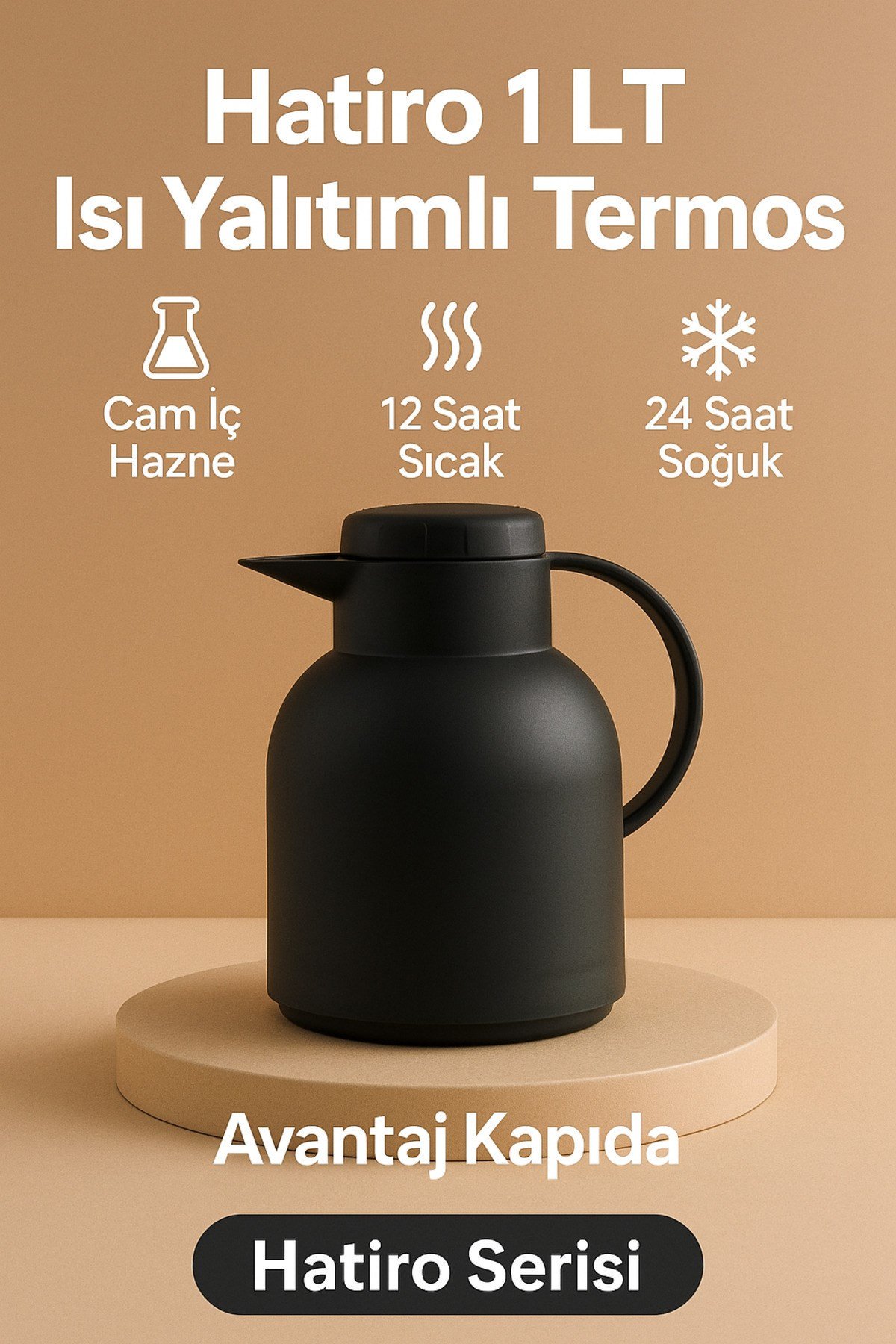 Hatiro 1 LT Siyah Termos – Cam İçli, Isı Yalıtımlı, 12 Saat Sıcak, 24 Saat Soğuk, Çay Termosu