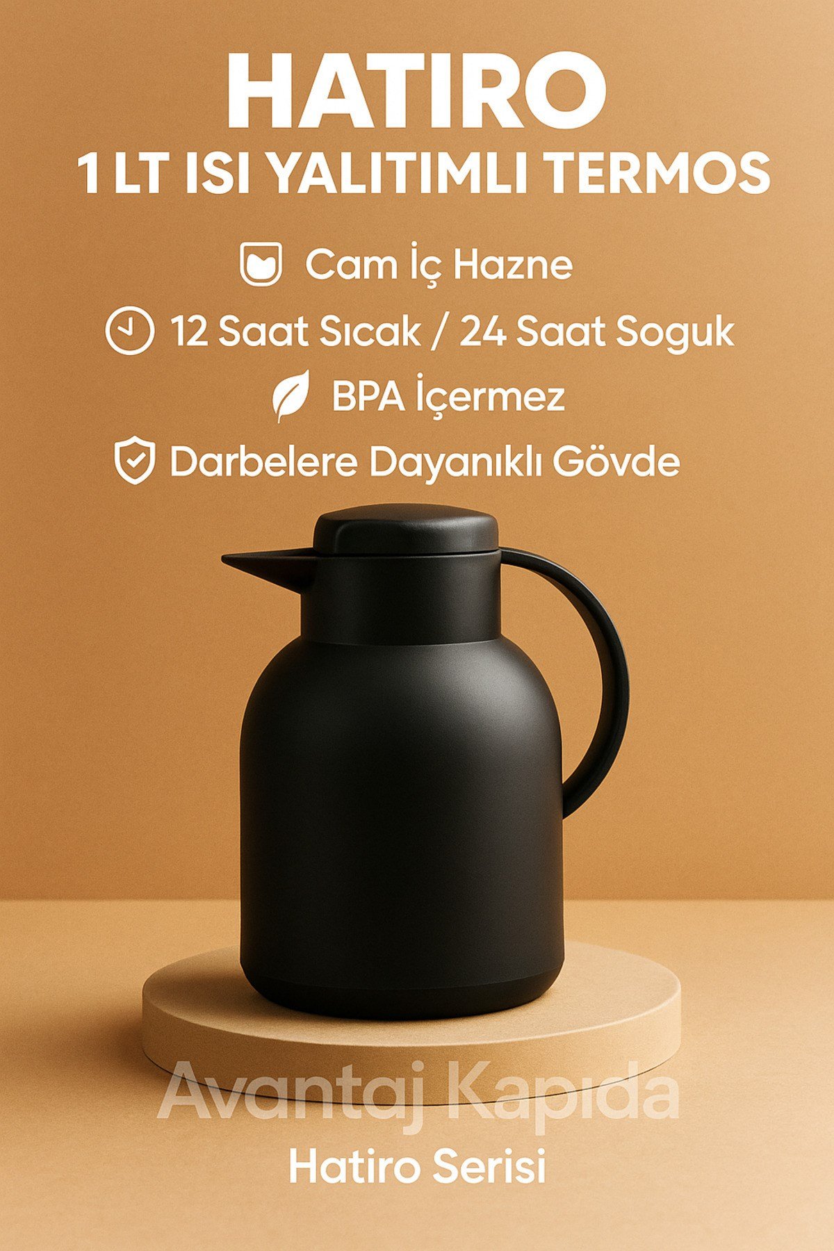 Hatiro 1 LT Siyah Termos – Cam İçli, Isı Yalıtımlı, 12 Saat Sıcak, 24 Saat Soğuk, Çay Termosu