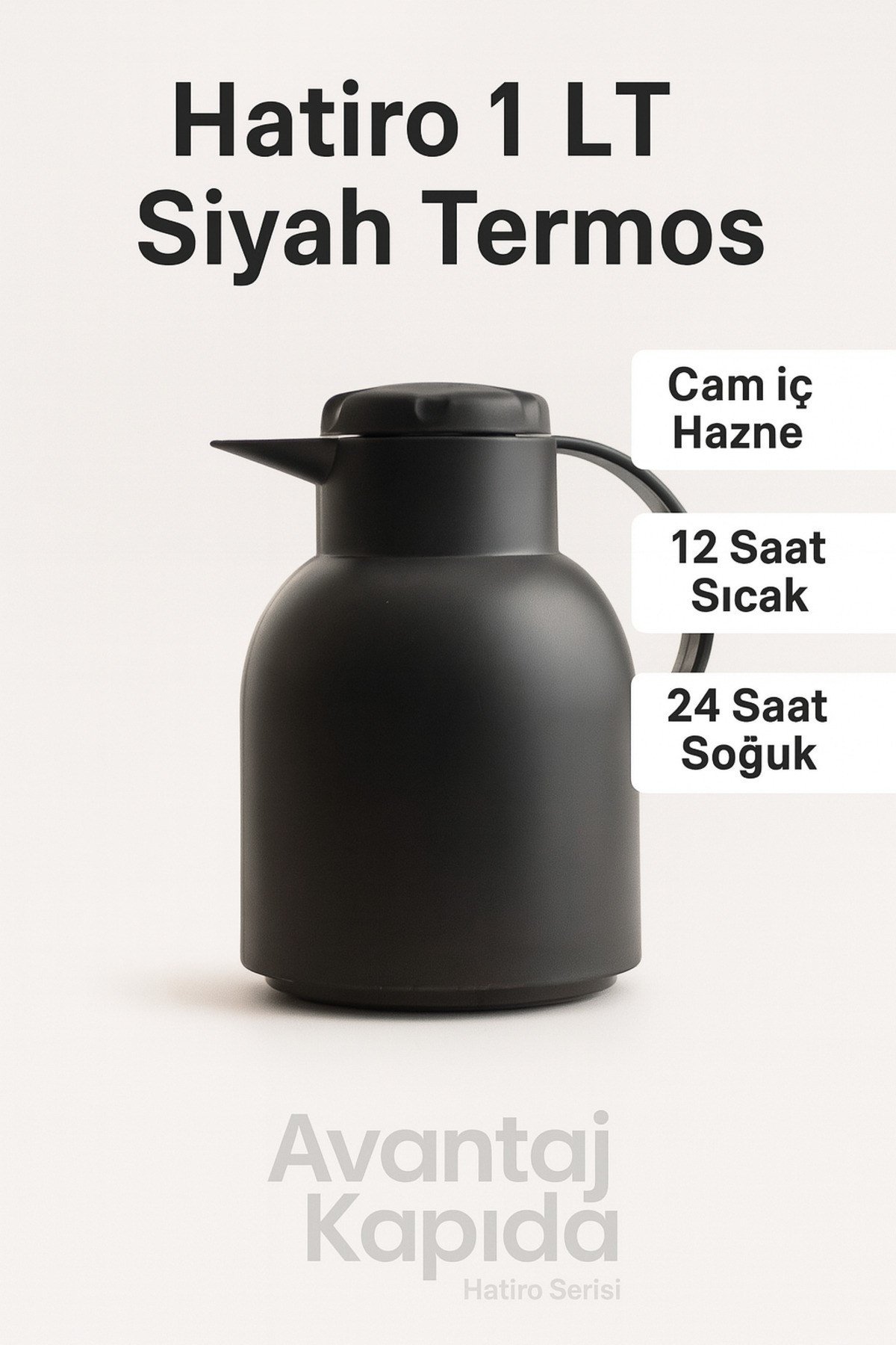 Hatiro 1 LT Siyah Termos – Cam İçli, Isı Yalıtımlı, 12 Saat Sıcak, 24 Saat Soğuk, Çay Termosu