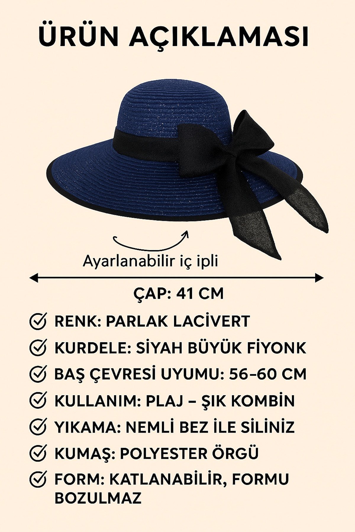 Hatiro Kadın Geniş Kenarlı Şapka • 43 Cm Dış Çaplı Yazlık Güneş Şapkası • Kurdeleli Model Lacivert