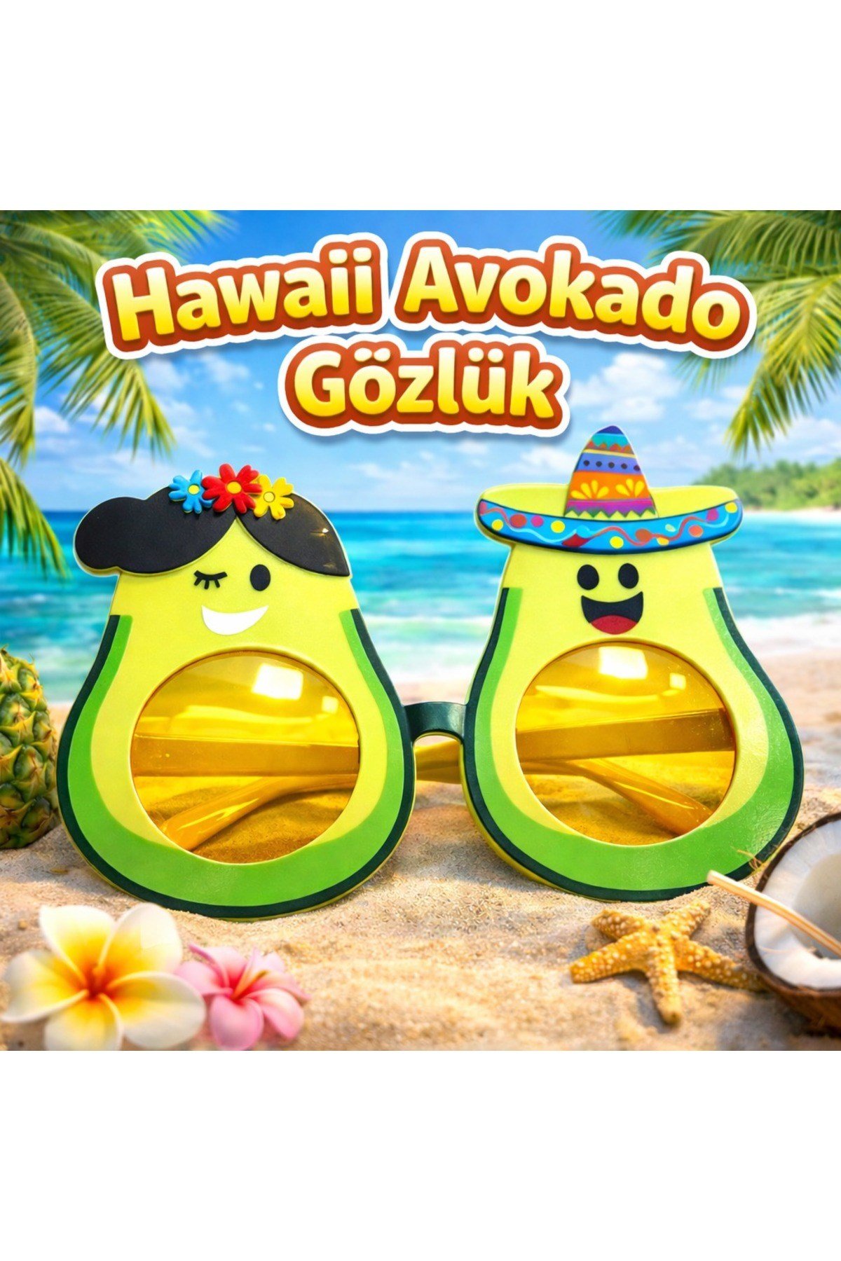 Hawaii Temalı Avokado Gözlük – Kostüm & Parti Gözlüğü