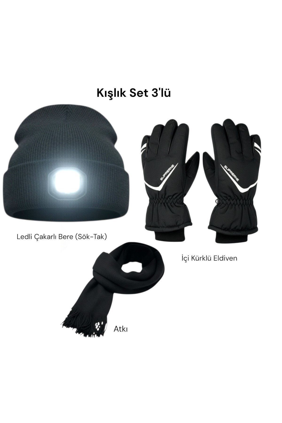 İçi Kürklü L-XL Beden Motosiklet Kar Kayak Eldiveni + Bere+ Atkı 3lü Kışlık Set Kafa Bandı Hediyeli