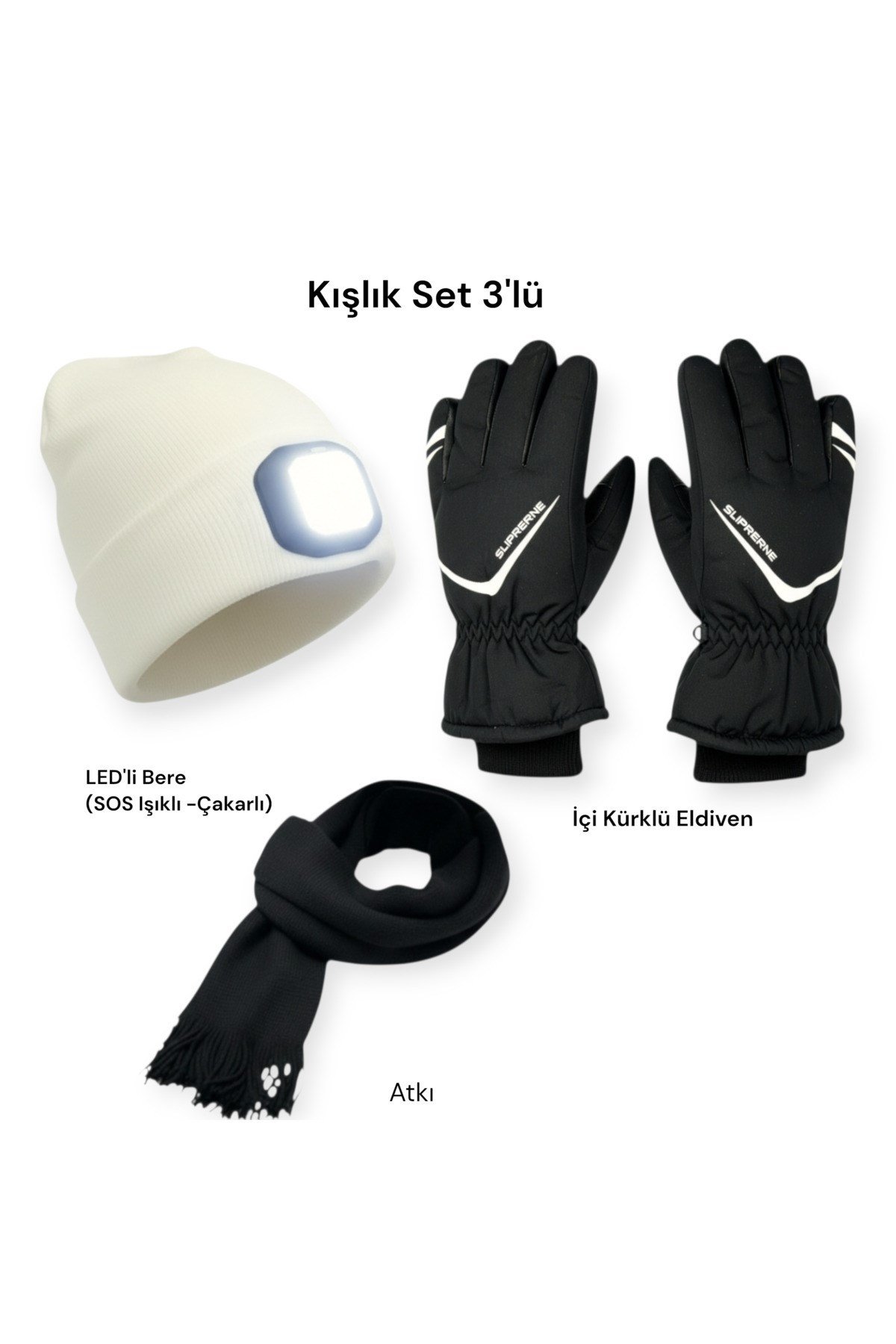 İçi Kürklü L-XL Motosiklet Kar Kayak Eldiveni + Bere+ Atkı 3lü Kışlık Set + Kafa Bandı Hediye