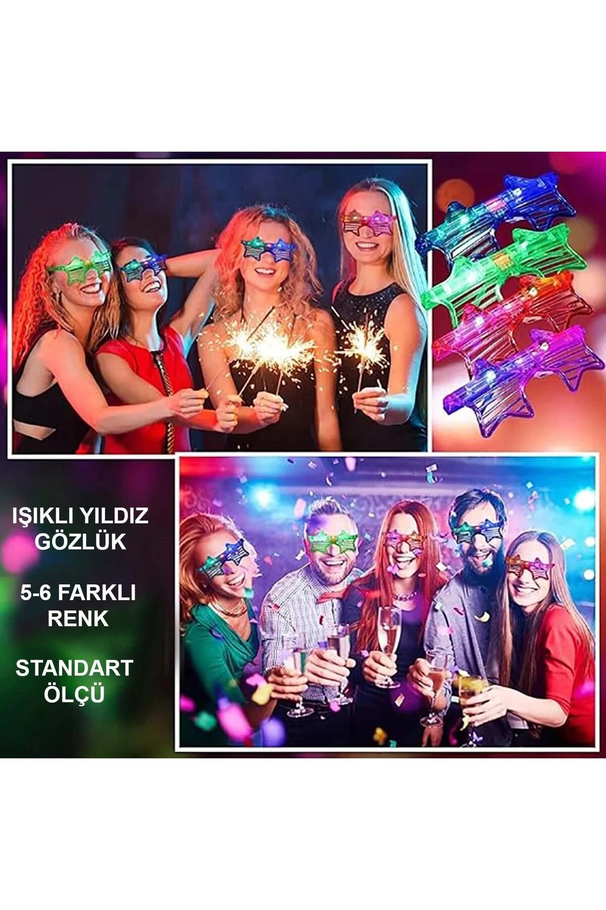 Işıklı Yıldız Gözlük Ledli Parti Gözlüğü 6 Renk 12 Adet