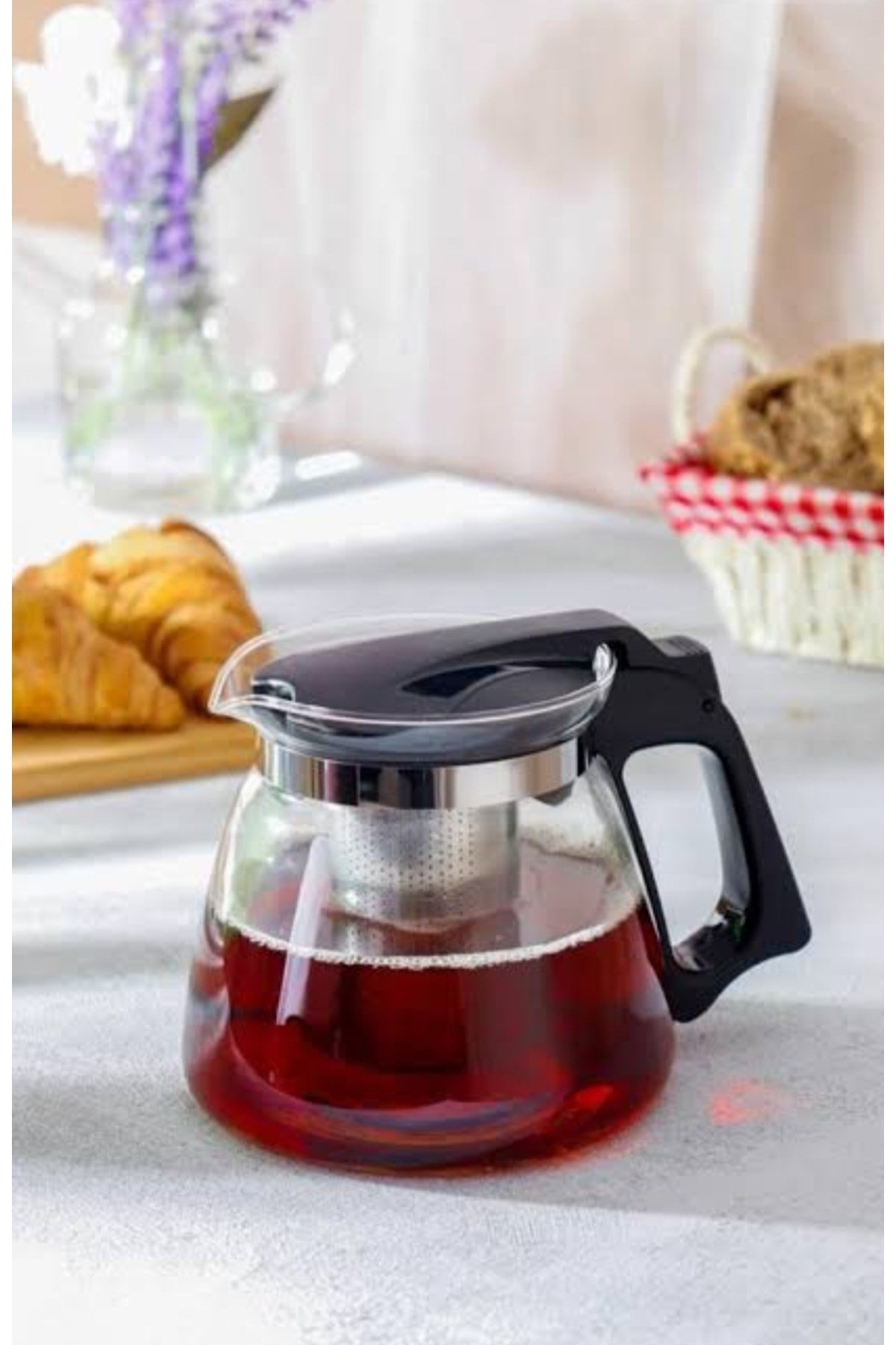 Isıya Dayanıklı Cam Demlik – 1500 ml, Paslanmaz Çelik Süzgeçli