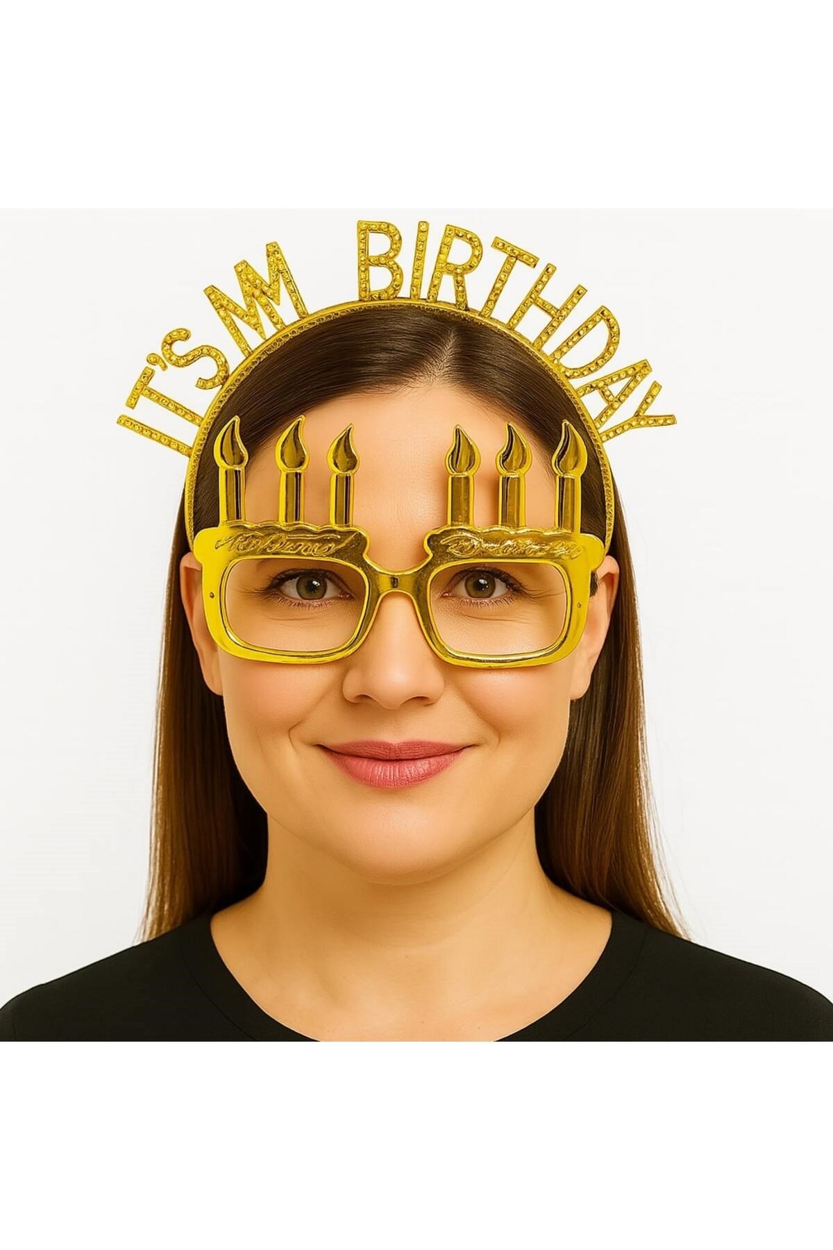 İt's My Birthday Yazılı Taç ve Mum Şekilli Gözlük Seti Altın Renk