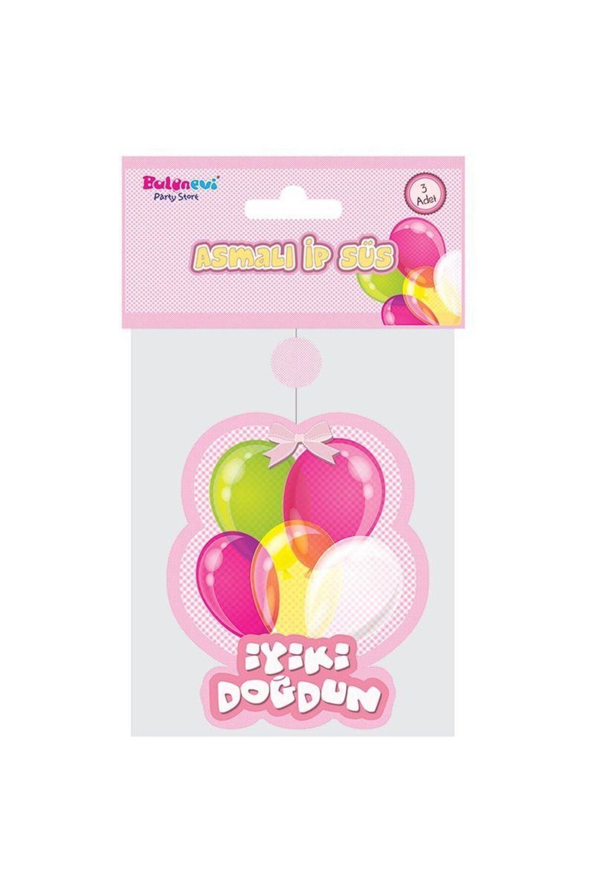 İyiki Doğdun Yazılı Asmalı İp Süs Pembe Renk 3 lü Set 12x45 cm