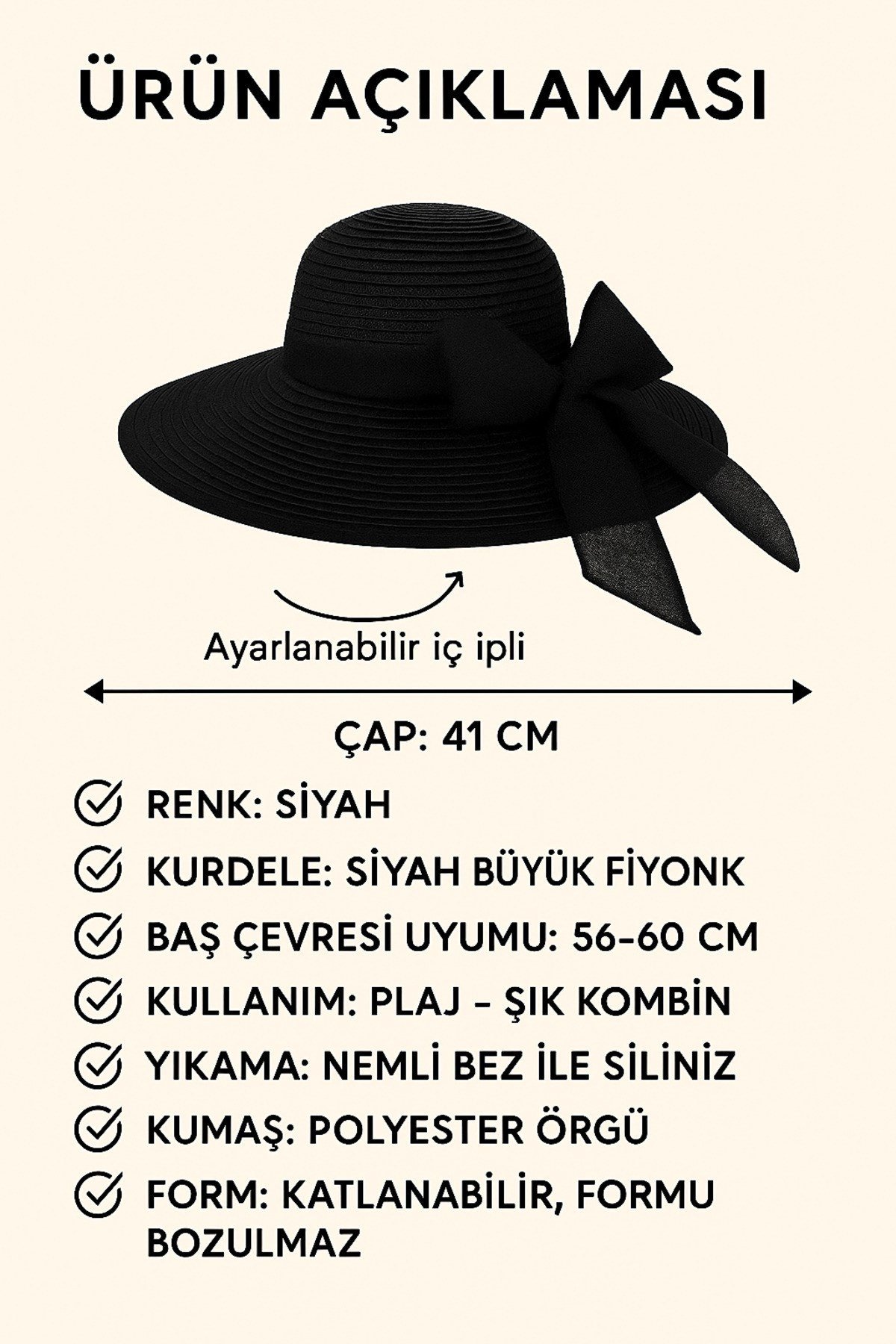 Kadın Geniş Kenarlı Şapka • 43 Cm Dış Çaplı Yazlık Güneş Şapkası • Kurdeleli Model Siyah