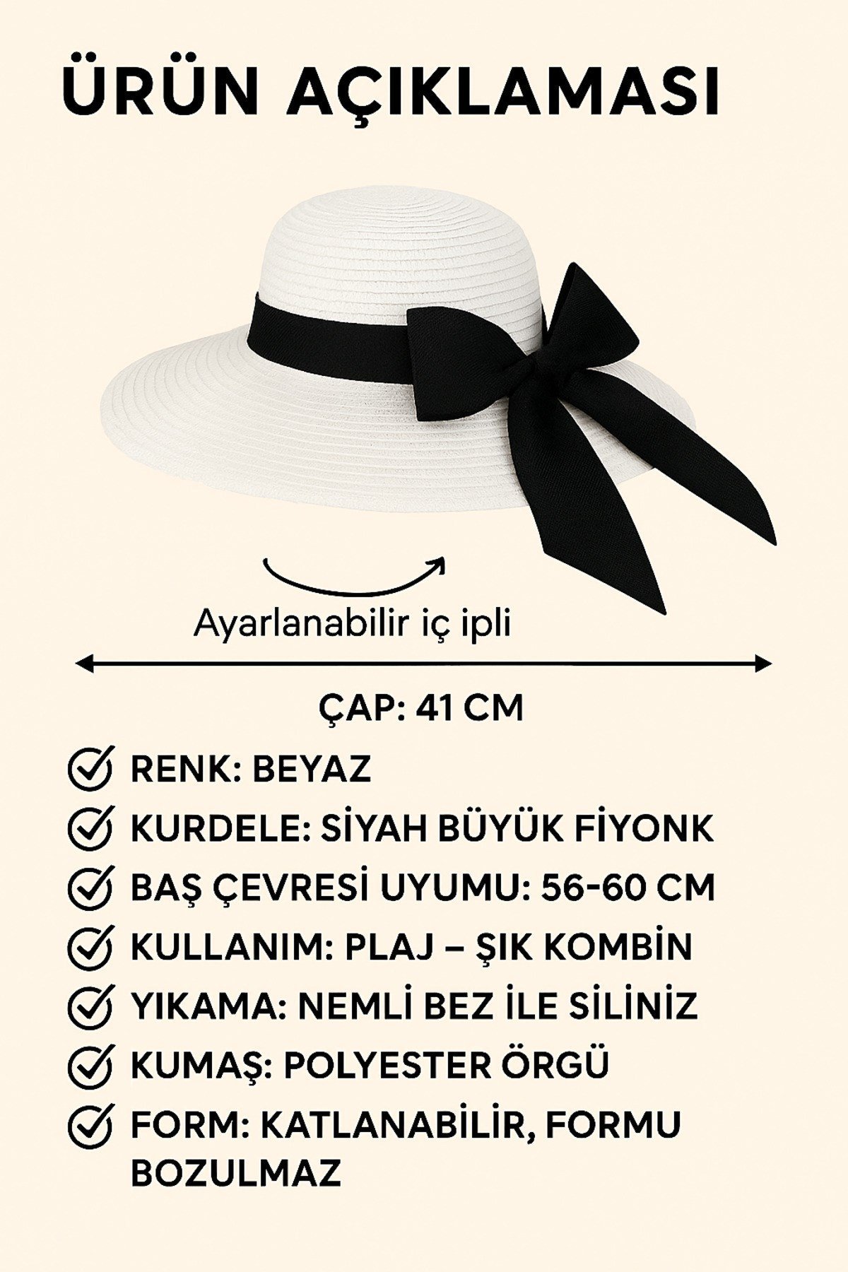 Kadın Geniş Kenarlı Şapka • 43 Cm Dış Çaplı Yazlık Güneş Şapkası • Kurdeleli Model Beyaz