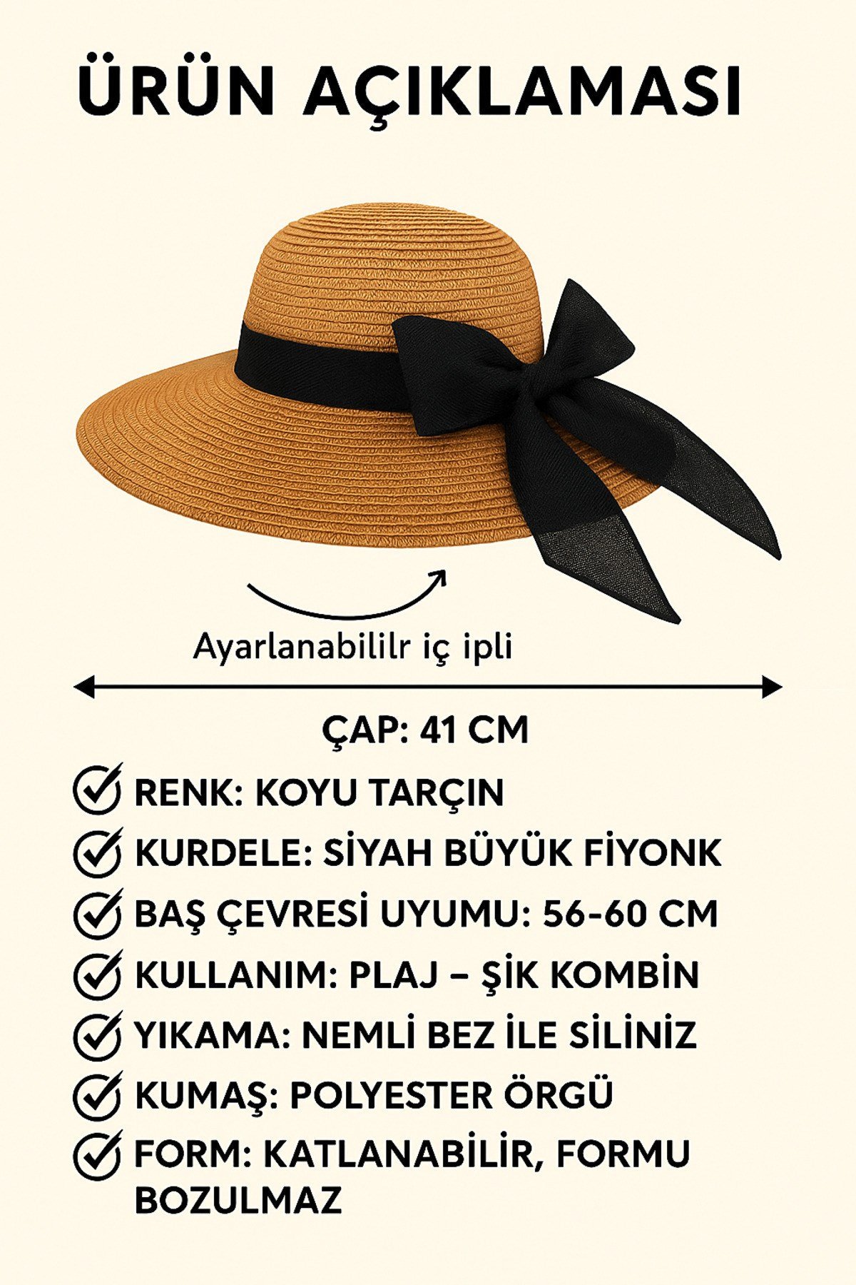 Kadın Geniş Kenarlı Şapka 43 Cm Dış Çaplı Yazlık Güneş Şapkası • Açık Tarçın